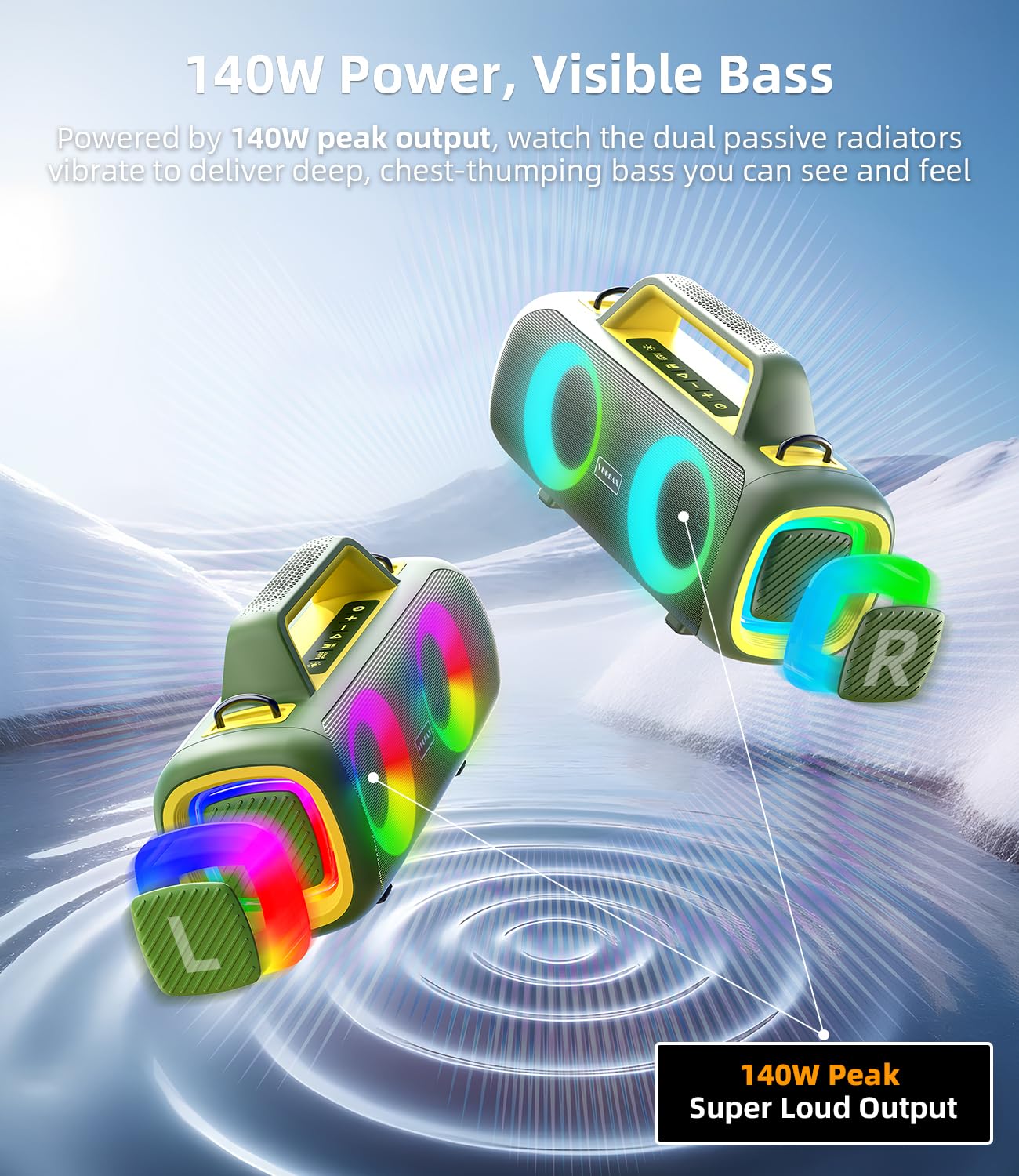 VUOPAX Cassa Bluetooth Portatile, 140W Potente con 2 Subwoofer e 2 Tweeter, Impermeabile IP65 per Esterni, Batteria 24h, Luci RGB, per Feste, Giardino, Spiaggia - Connessioni AUX/USB/TF e TWS