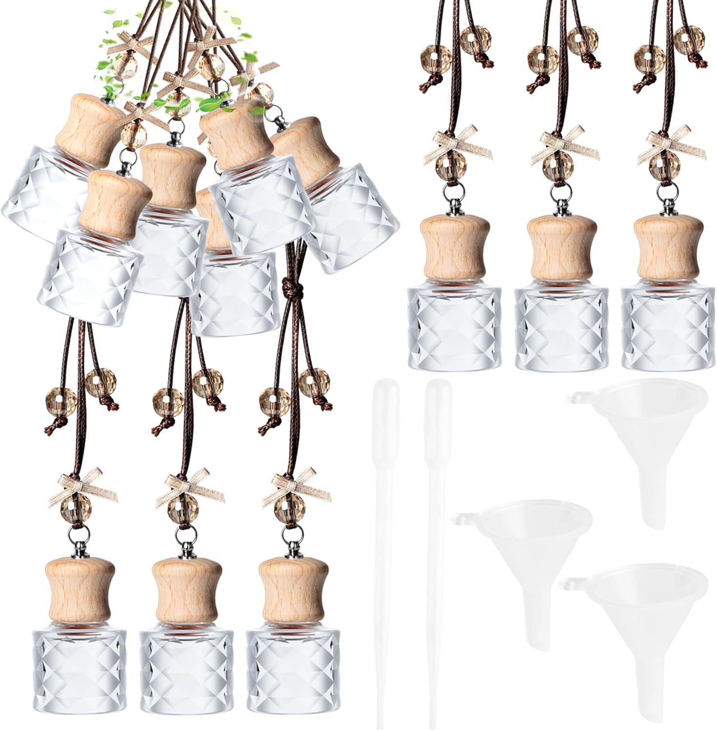 6 Pack Leak-Proof Hanging Car Diffuser - 8ml Refillable Empty Bottles with Wood Caps, 3 Funnels & 2 Droppers - Essential Oil Air Freshener for Car, Home or Office (6, Cylindrical)
