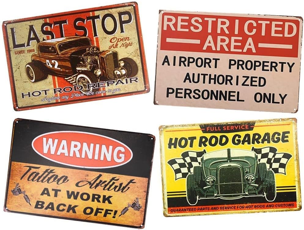 4er Set Vintage Garage Schilder - Retro Tankstelle & Motoröl Wanddekoration