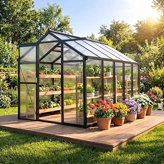 6X8 ft Greenhouse, Greenhouses for Outside, Aluminum Frame Polycarbonate Panels with Sliding Lockable Door and Ajustable Roof Vent, Spacious Walk-in Design for Backyard, Garden, Patio, Black