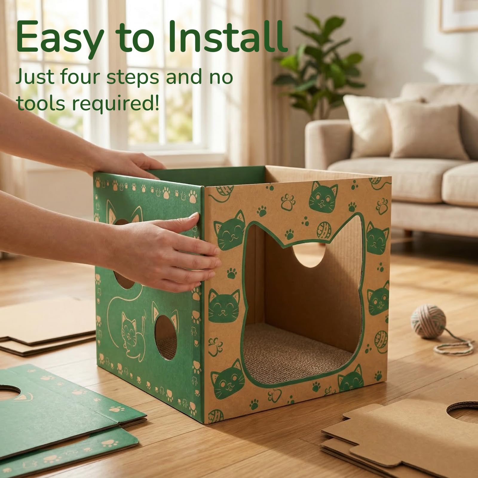 Pumtus Paquete de 2 casas de cartón para gatos, casa de juego para gatos con 2 almohadillas para rascar, cueva escondite corrugada para gatos, bonita caja de condominios para gatos, juguete rascador