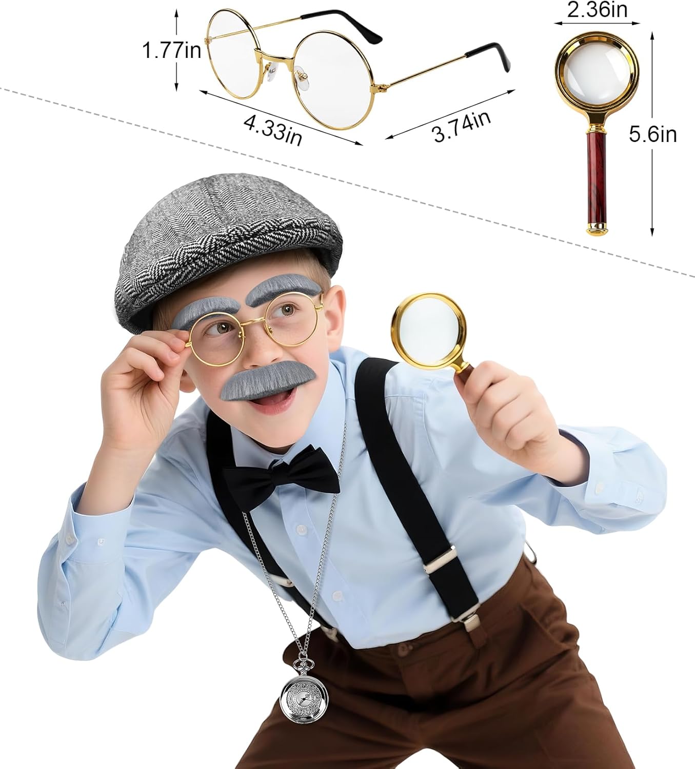 100 Days of School Old Man Costume Set, Grandpa Accessories: Beret, Bow Tie, Suspenders, Glasses, Cane, Beard & Watch - Image 5