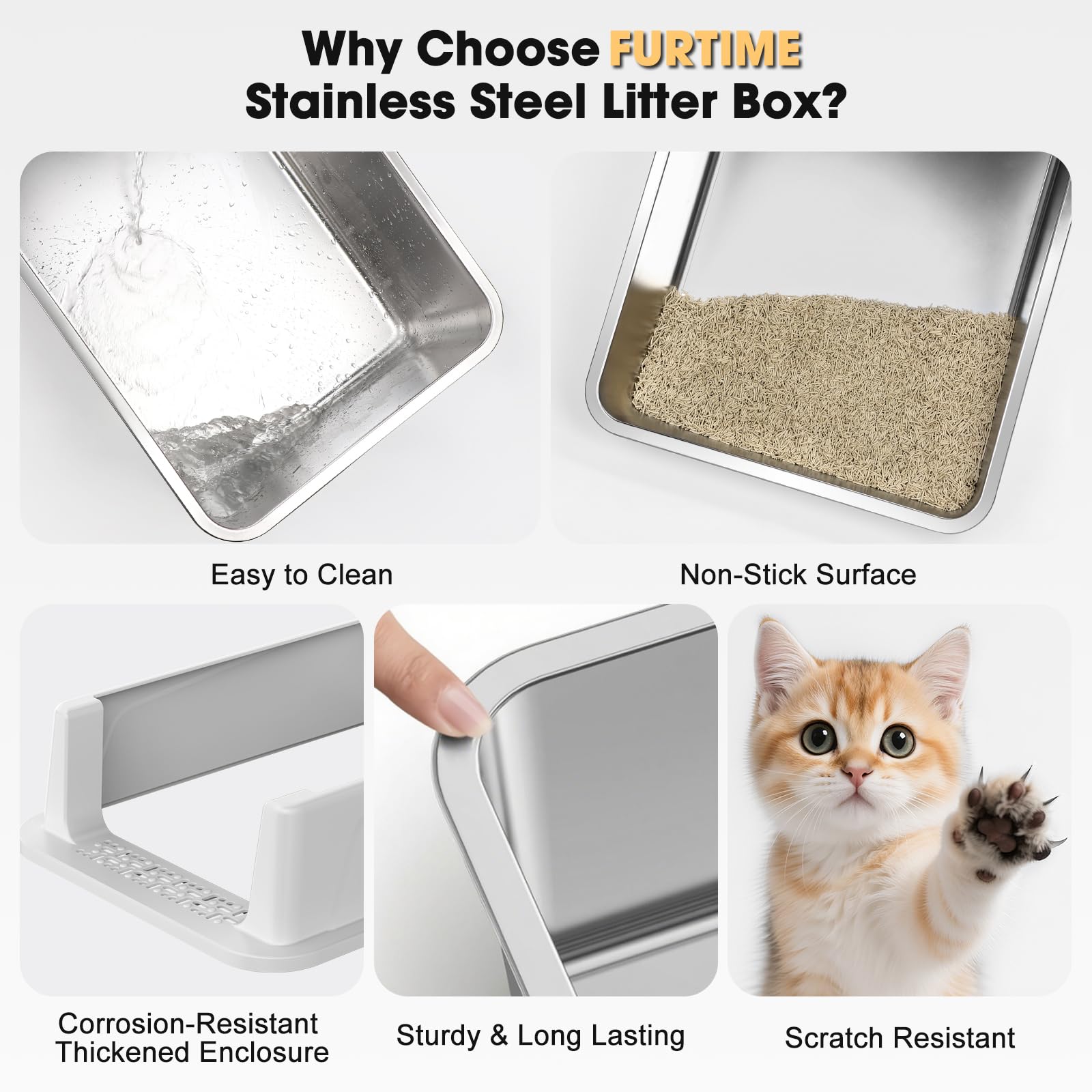 FURTIME Stainless Steel Cat Litter Box with Lid, Metal Kitty Litter Box for Small Cats, Kitten Litter Boxs with Scoop and Mat, Non-Sticky, Anti-Leakage, Easy to Clean, 17.4"x13.4"x8.4" (Small)