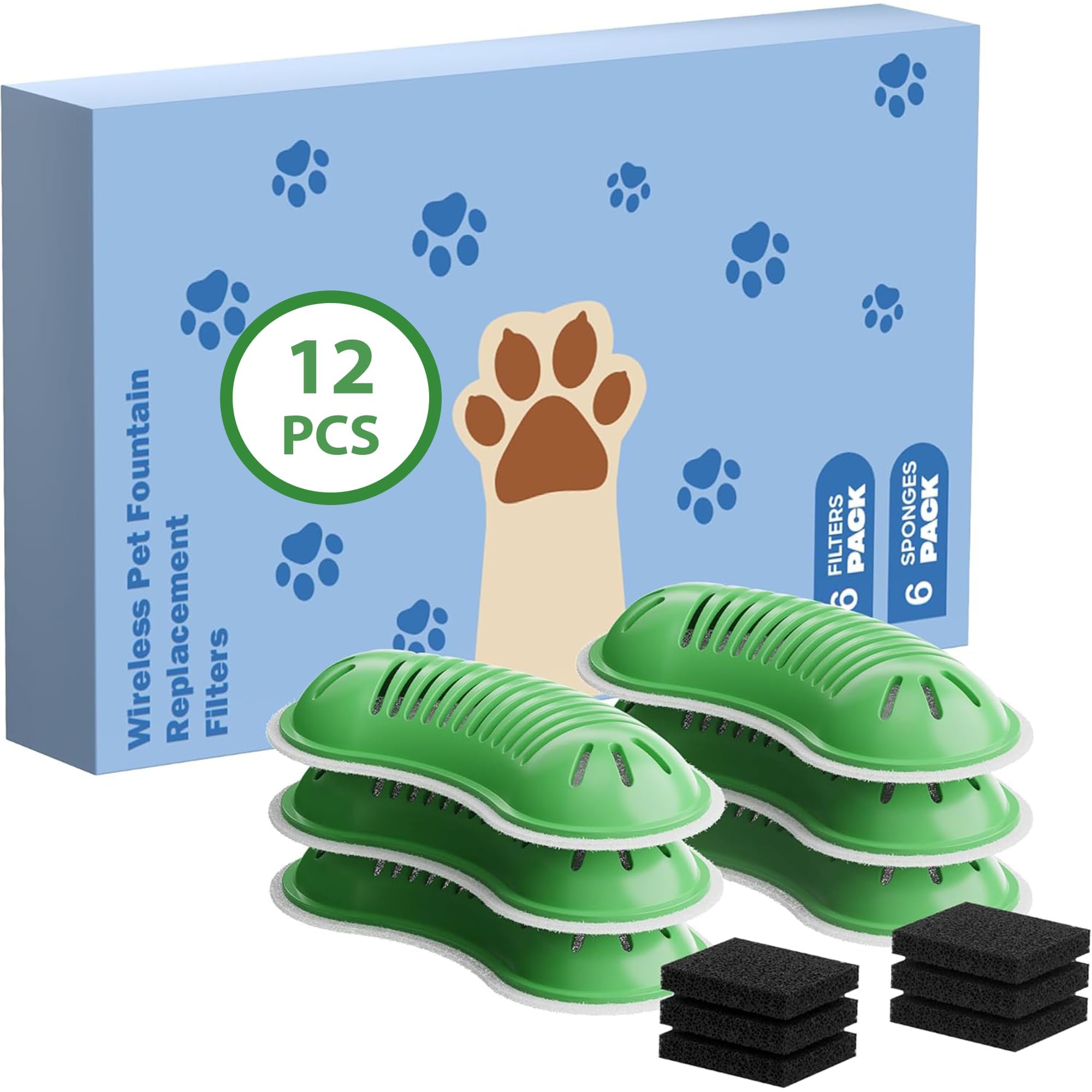 GOOIFUN Cat Water Fountain Filters: 12 Replacement Cat Fountain Filters - 6 Pet Dispenser Filter + 6 Sponges - Green Shape - Keep Water Clean - Suitable for Wireless Pet Bowl (B0FND4DZZY)
