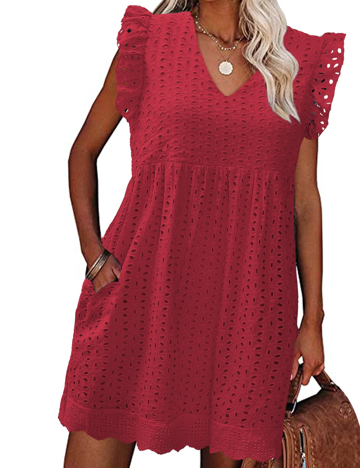 heekpek Vestidos Verano Mujer Sin Mangas con Volantes Algodón Cuello V Mini Vestido Sueltos Hueco de Flores Jacquard Cómodo Casual Vestidos de Playa con Bolsillos