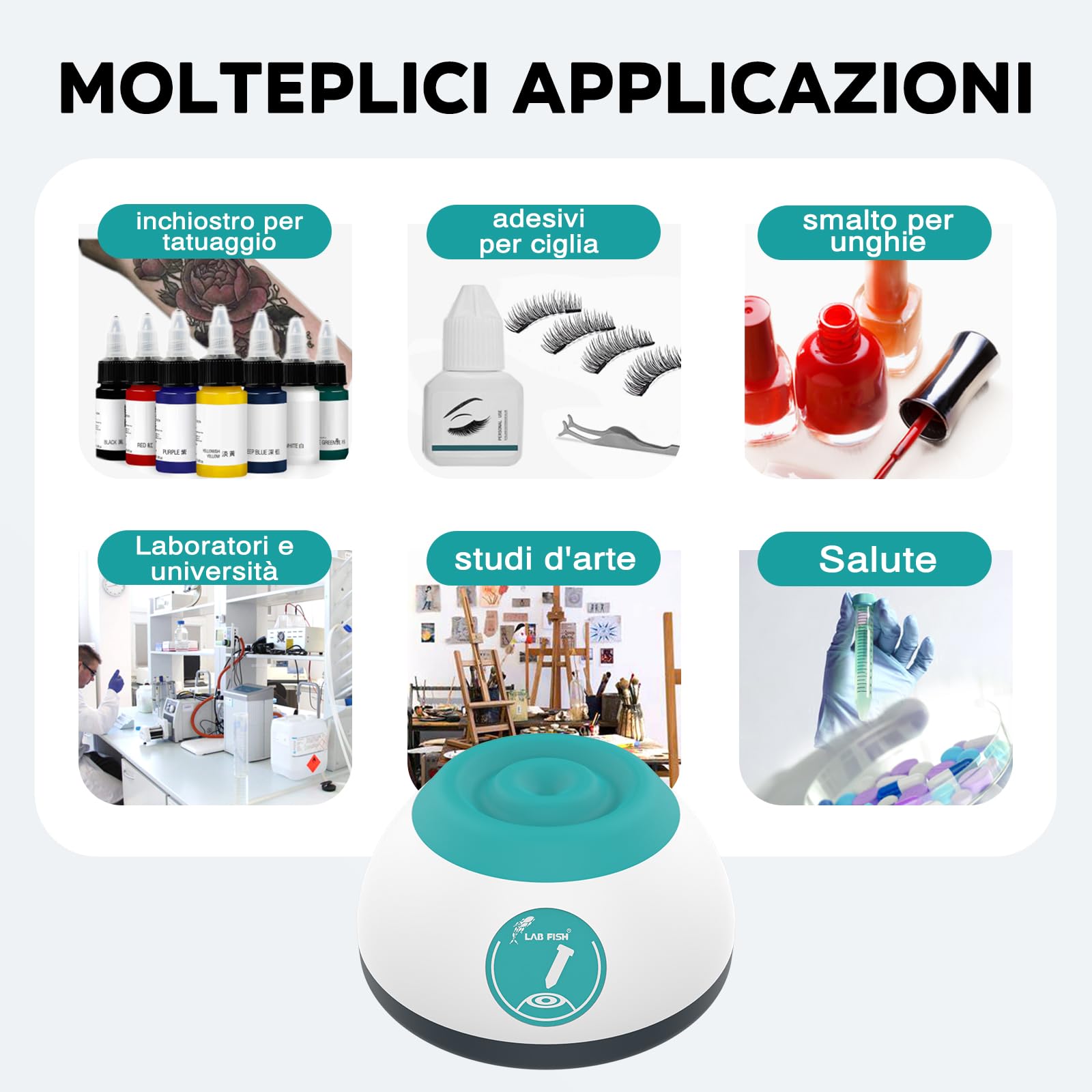 LAB FISH VM200 Mini Vortex - Agitador para Colori,Pinturas, Esmaltes de Uñas, Tinta de Tatuaje, Adhesivo de Pestañas & Tubos de Ensayo (Máx. 50 ml), Encendido/Apagado por Contacto