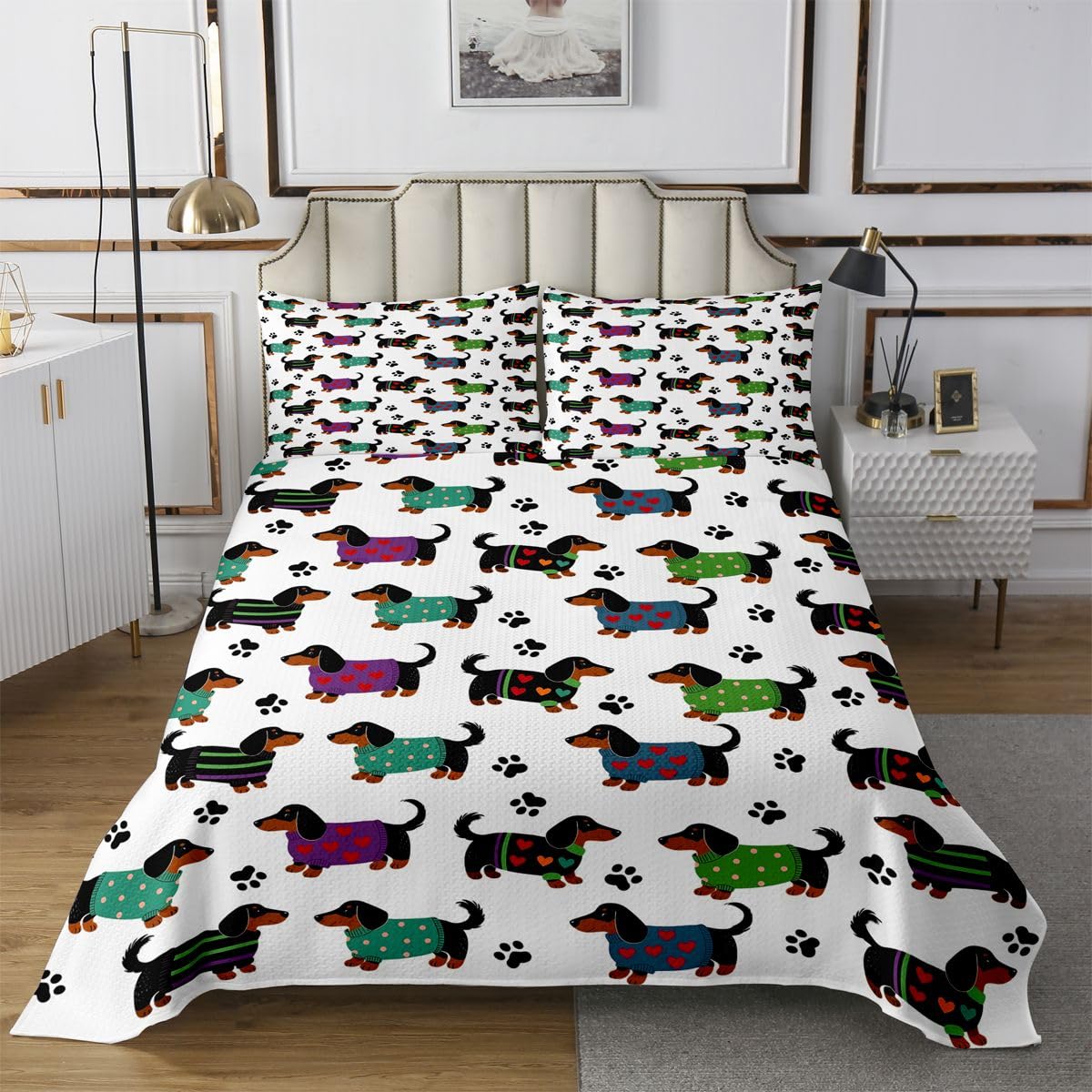 Manfei Lindo edredón de perro salchicha tamaño individual, juego de colcha de patas de perro, 2 piezas, regalos para amantes de los perros, colcha acolchada con 1 funda de almohada, decoración de