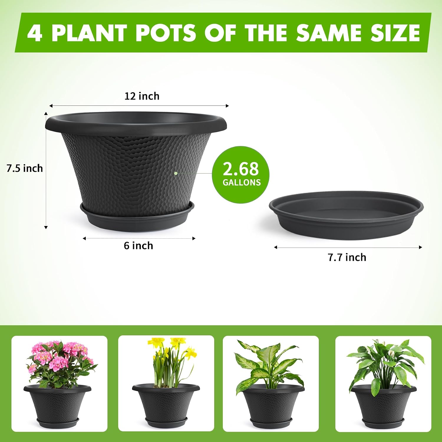 Quarut 12 Inch Pots for Plants,4 Pack Large Flower Pots with Drainage Hole & Saucer,Modern Planters for Indoor Outdoor Plants,Decorative Resin Garden Pots Black