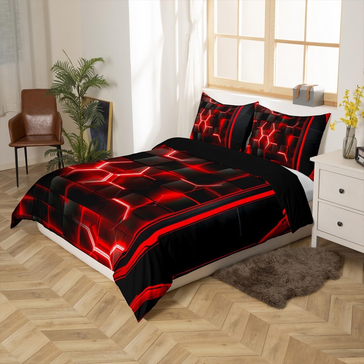 jejeloiu Red Black Duvet Cover Bedding Set for Kids Boys Girls Room Decor Geometric Honeycomb Comforter Cover Toddler Size Modern Geometrical 2Pcs,NO Comforter