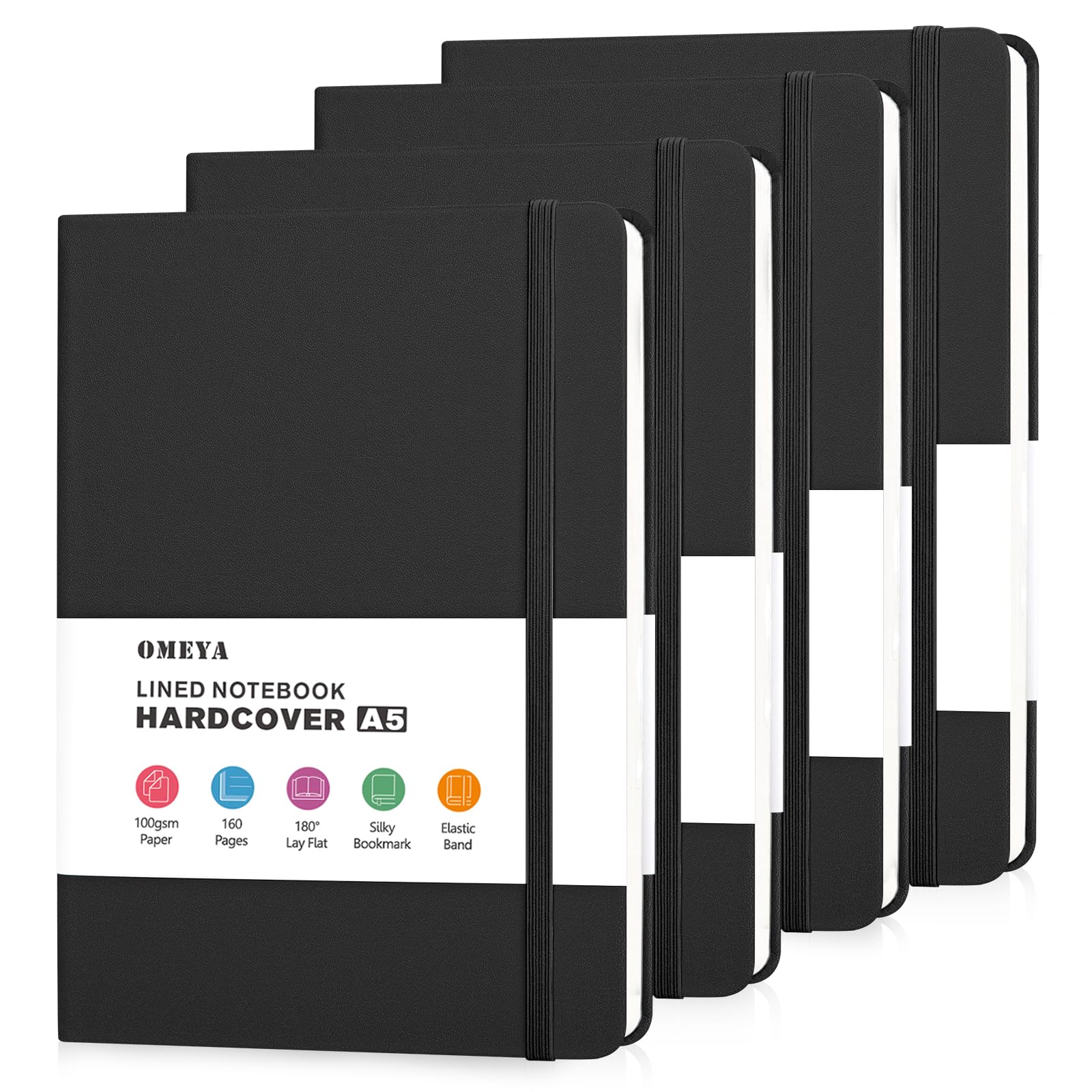 OMEYA 4 Pack Lined Journal Notebooks for Work, 100gsm Thick Paper, 5.7"x 8.3", A5 College Ruled Black Notebook Bulk, Leather Journal for Writing, Hardcover Notebooks for School, Office, Journal for Men