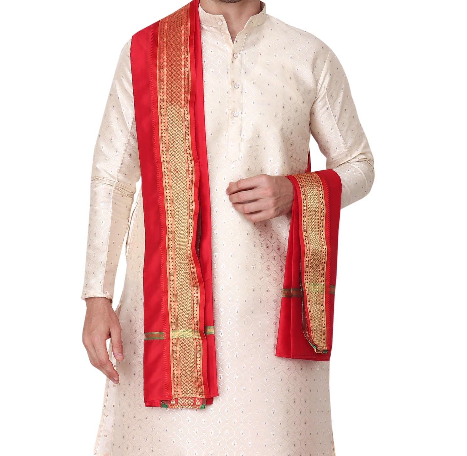 Rameshwaram Fabrics Readymade Dhoti for men with Sherwani Style Silk Kurta, Suitable for Marriage, Pooja, Festival (M-Medium-38, Red) - Image 7 thumbnail