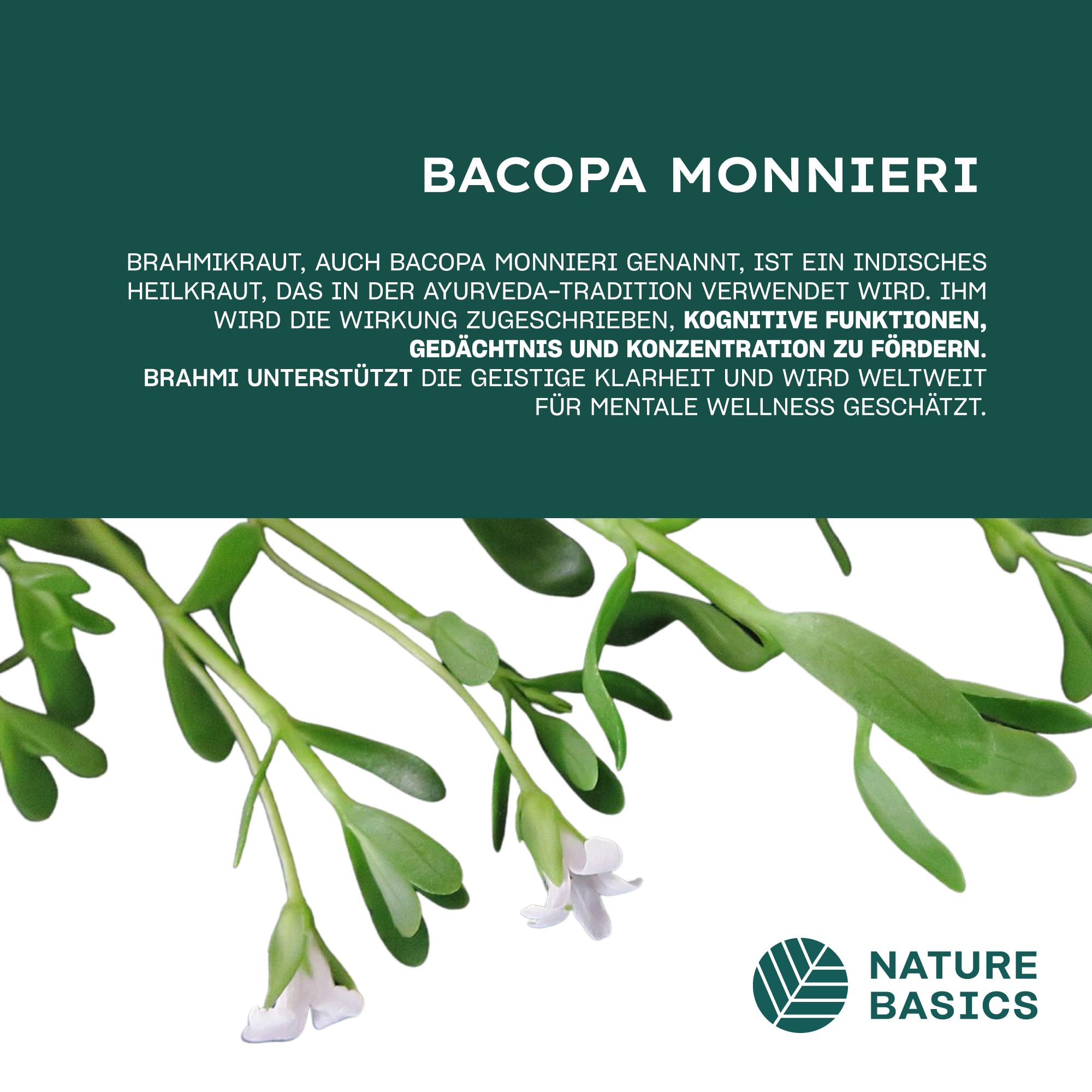 Bio Brahmi - 180 Kapseln hochdosiert / 1000 mg Brahmi Bacopa Monnieri pro Tagesdosis/Ayurveda Nahrungsergänzung/Vegan, Zertifiziert & Nachhaltig im Glas