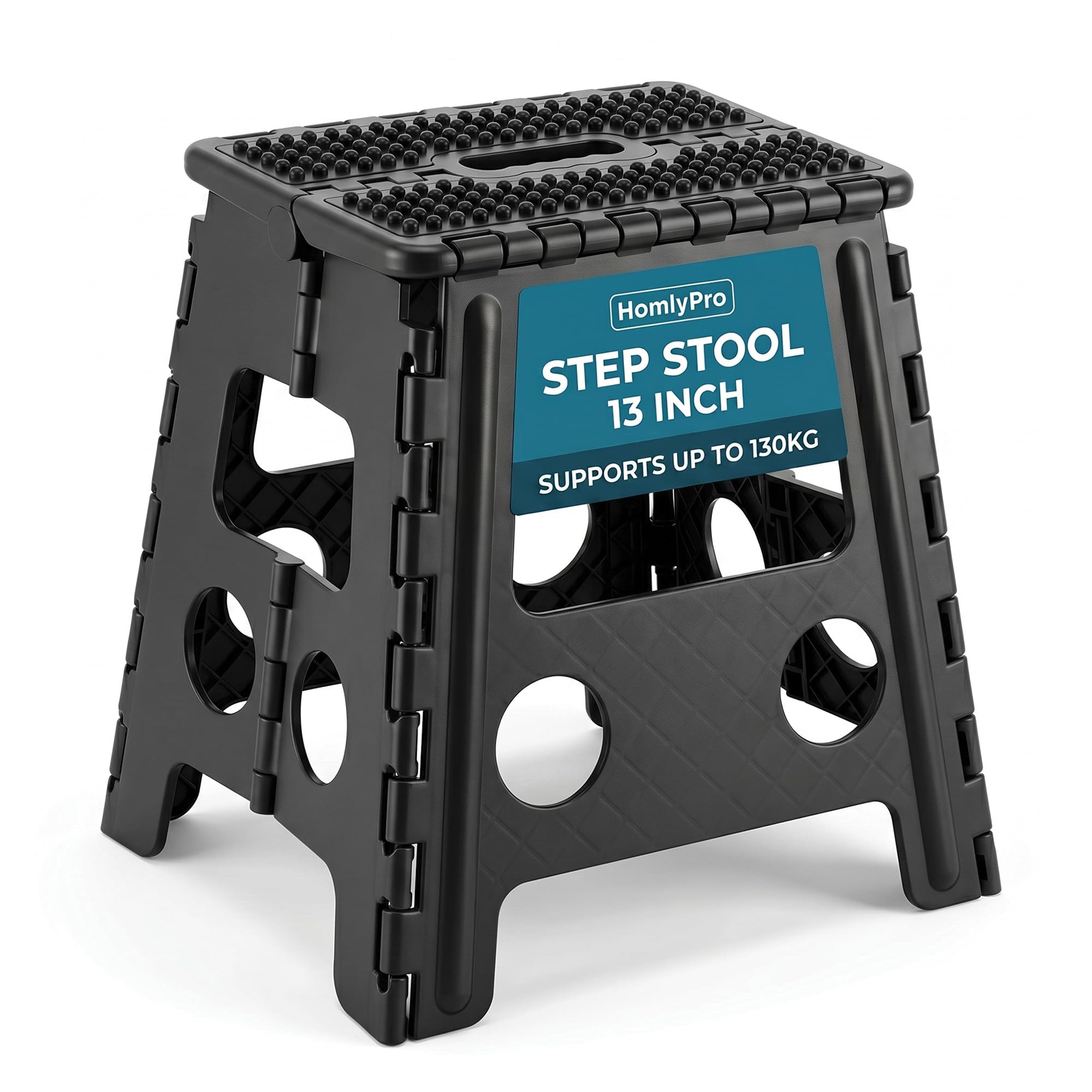 HomlyPro Folding Step Stool 13 Inch Heavy Duty 300 lbs Capacity Black, Portable Collapsible Stool with Carry Handle, Anti-Slip Surface for Adults & Kids, Kitchen Bathroom Camping