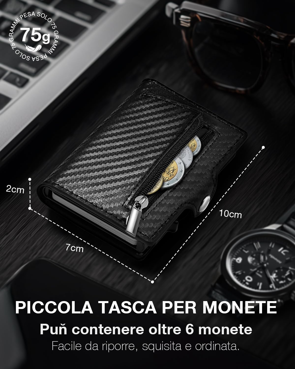 TENBST Portafoglio Uomo Slim Piccolo, Porta Carte Di Credito con Rfid Protection, Portacarte Uomo Portatessere in Fibra di Carbonio, Portamonete Portafogli Mini con ZIP, Idea Regalo, Scatola Nero