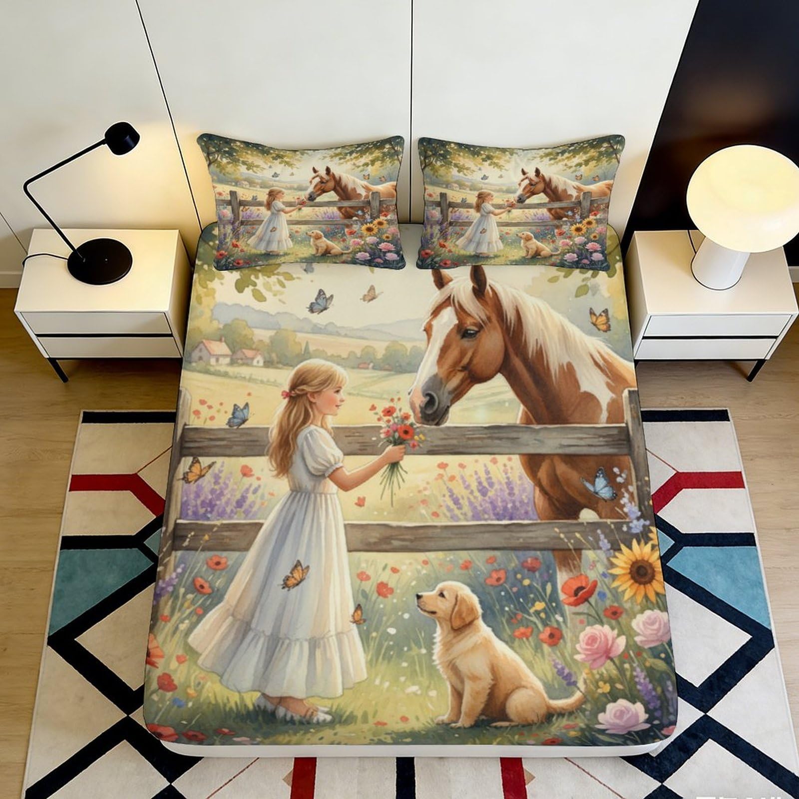 Pnayamiorkfel Girls Style-1 3D Printed Countryside Fitted Sheet Microfiber Soft Horse Dog Flowers Mattress Cover Bedroom Decor 90X200x25cm