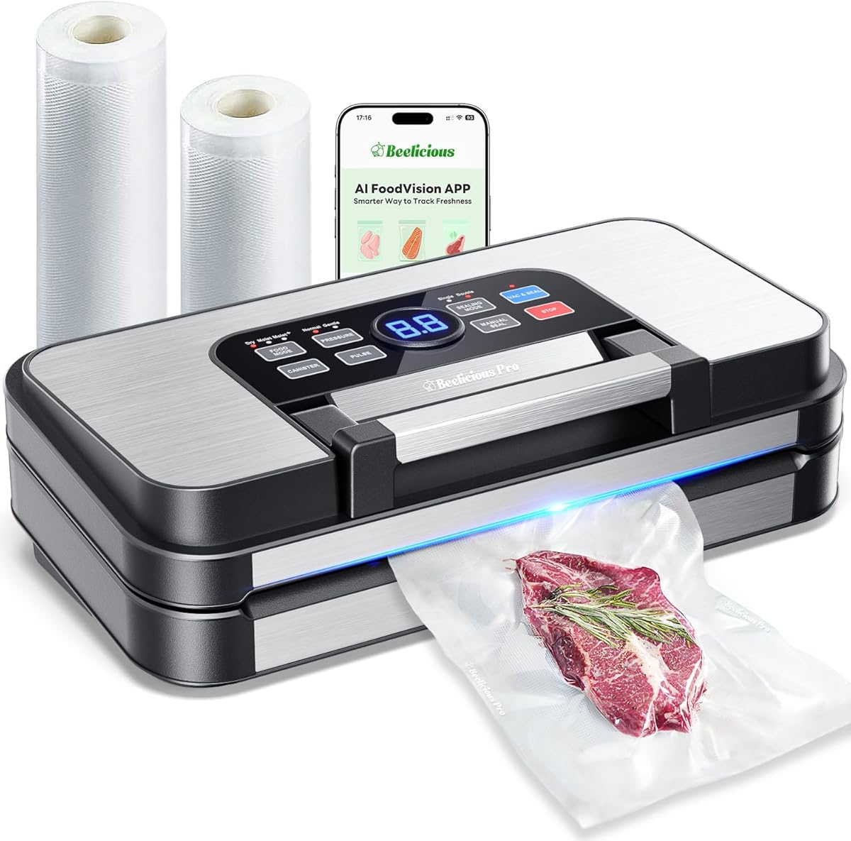95Kpa Powerful Precision Pro Vacuum Sealer, with Double Heat Seal & Double Pump, Easy-Lock Handle, 10-in-1 Vacuum Sealer Machine for Food with Bags Storage, Built-in Cutter, Stainless Steel