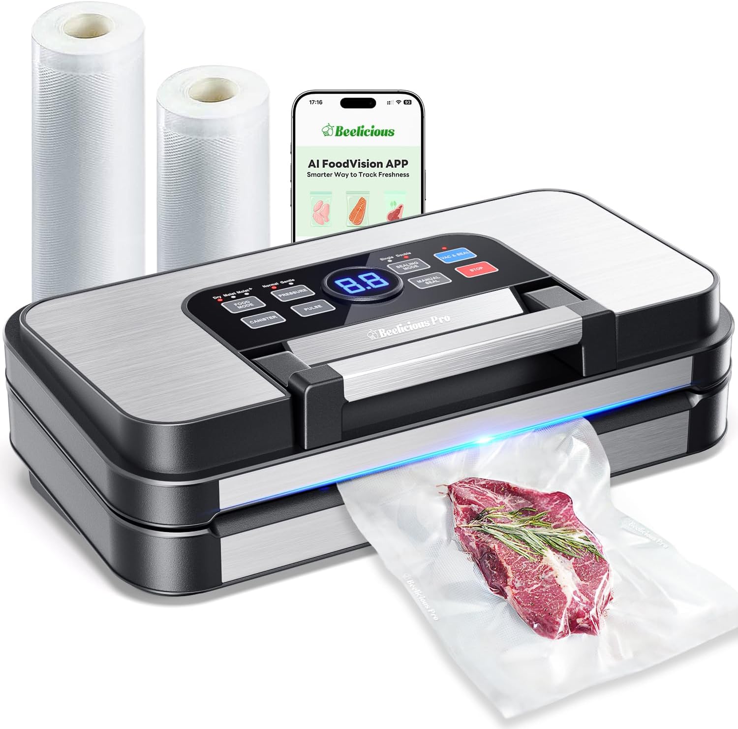 95Kpa Powerful Precision Pro Vacuum Sealer, with Double Heat Seal & Double Pump, Easy-Lock Handle, 10-in-1 Vacuum Sealer Machine for Food with Bags Storage, Built-in Cutter, Stainless Steel