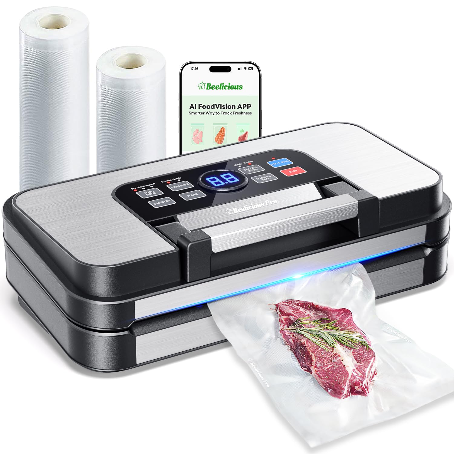 95Kpa Powerful Precision Pro Vacuum Sealer, with Double Heat Seal & Double Pump, Easy-Lock Handle, 10-in-1 Vacuum Sealer Machine for Food with Bags Storage, Stainless Steel