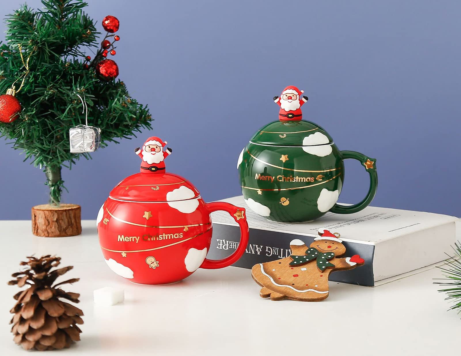 Kubek ceramiczny świąteczny 400 ml Zestaw filiżanek do kawy i mokki Filiżanki spodki espresso z porcelany(Red)