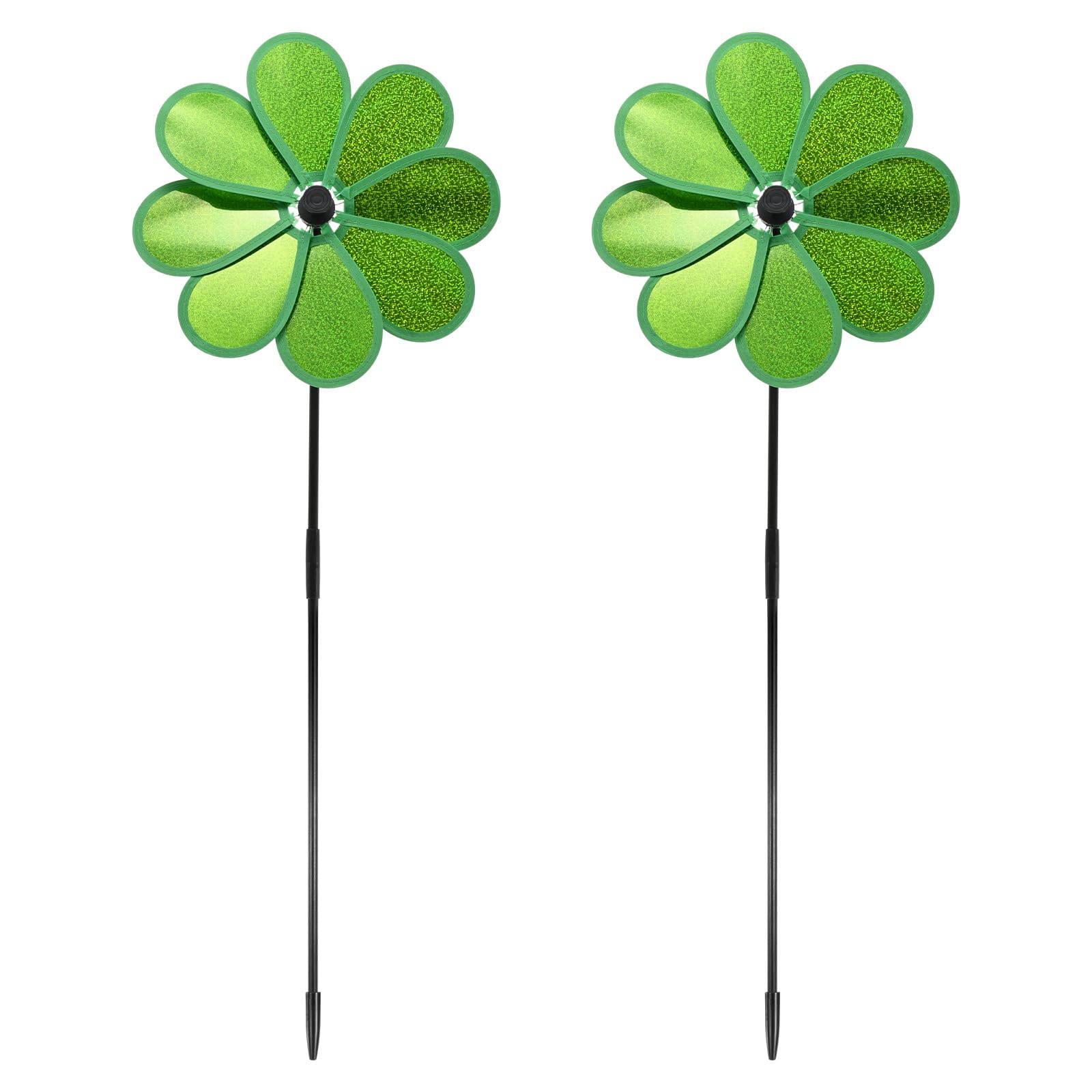 M METERXITY 2-Pack Flower Wind Spinner Sparkly Lawn Pinwheels, 28.3 Inch Plastic Reflective Pinwheels for Party Decorations/Yard/Garden, Colorful Rainbow Garden Windmill [Green]
