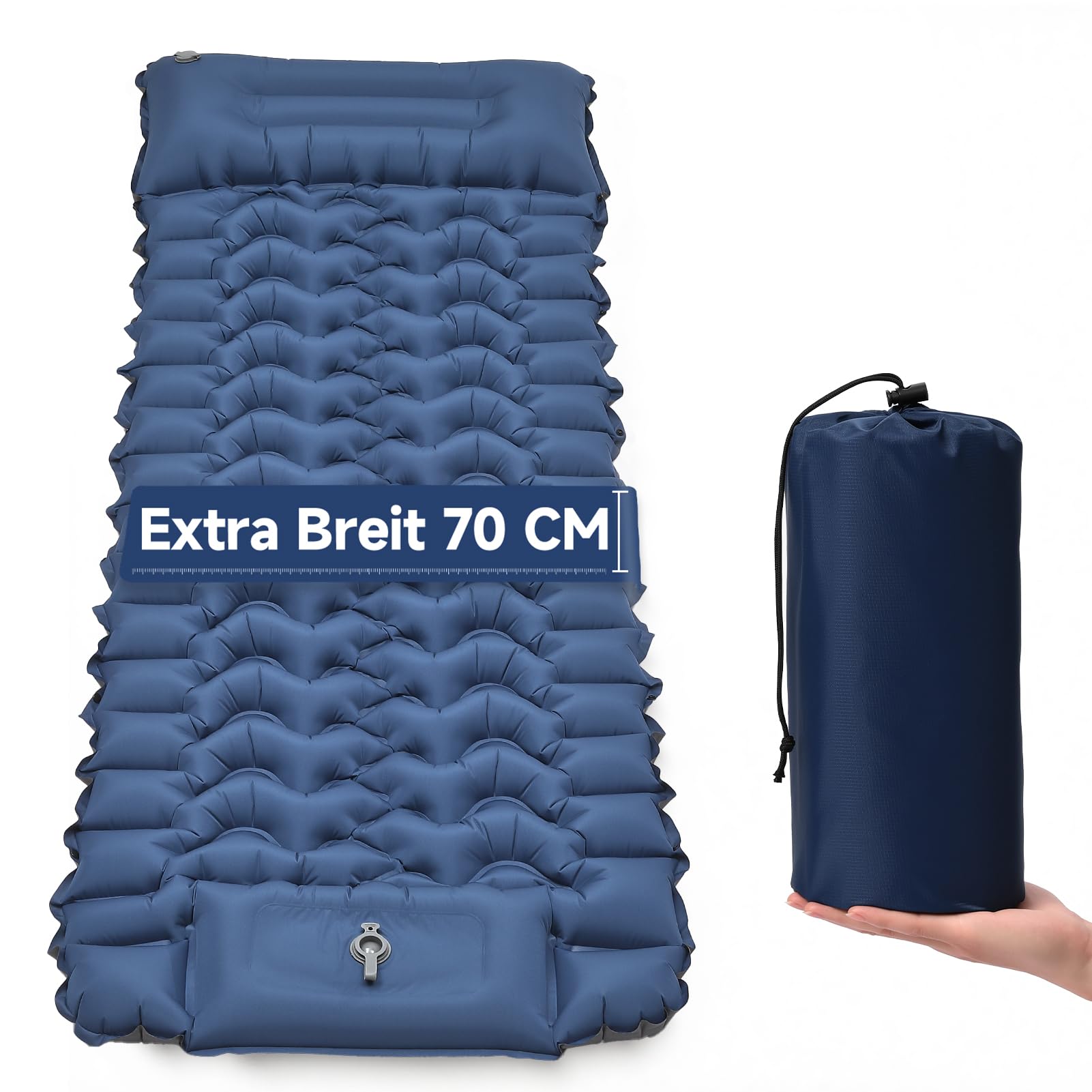 HAUSPROFI Isomatte Camping Luftmatratze extra breit, Ultraleicht, aufblasbar – mit integriertem Kissen & Fußpumpe, 197x77x10 cm, 40D TPU, kleines Packmaß für Outdoor & Reisen