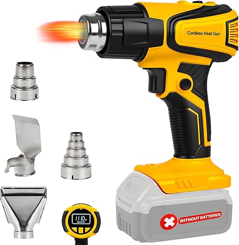 Pistola de calor inalámbrica compatible con batería Dewalt de 20 V, pantalla LCD de 350 W, ajuste de 2 temperaturas (122-1022), 4 boquillas, pistola