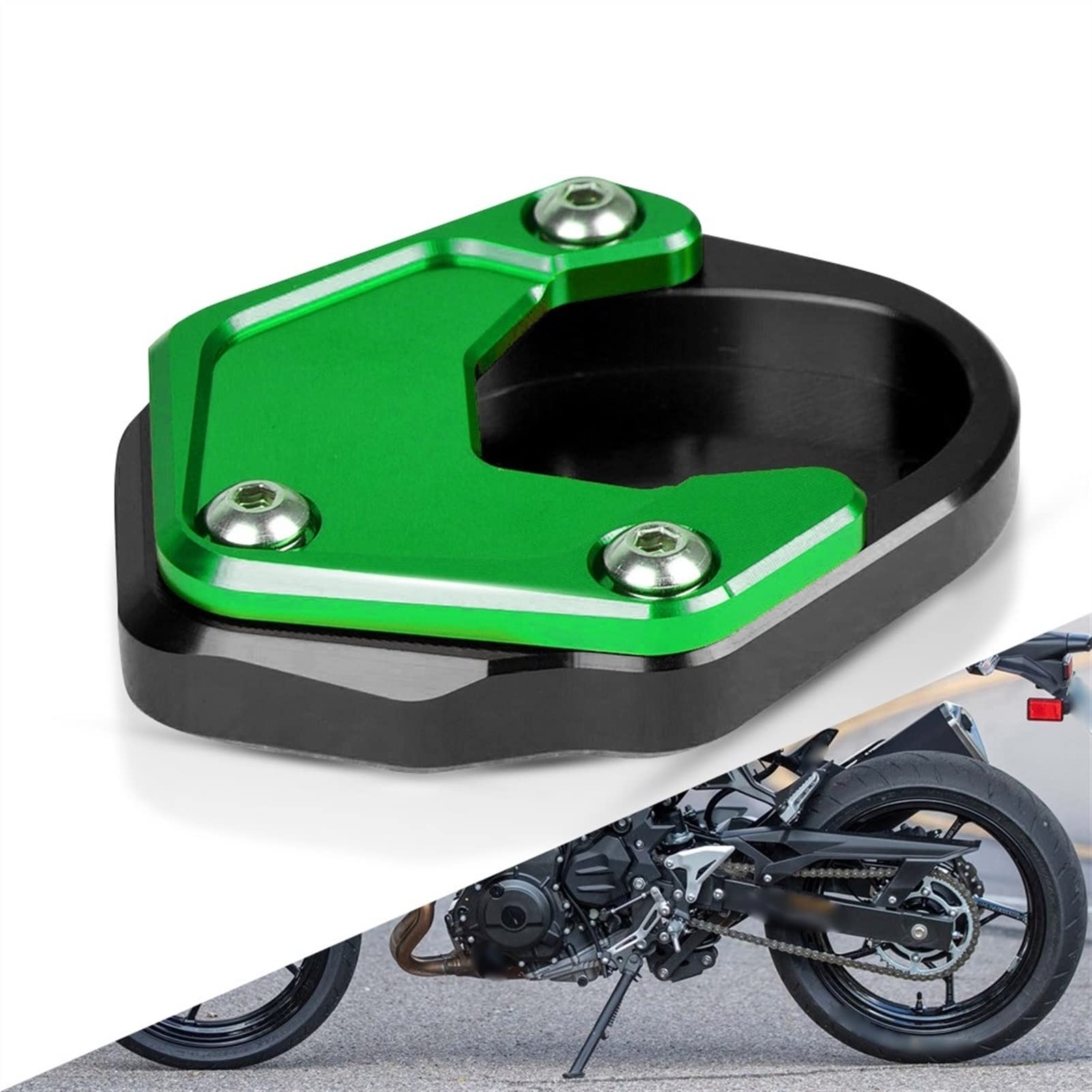 CNC Kickstand-Pad Für Kawasaki Versys/KLE 650 (2015–2018) – Alu-Edelstahl, Schwarz-silber, Mehr Stand & Schutz