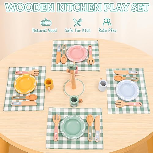Miniatura 6 de Juego de accesorios de cocina de madera con estante desmontable y soporte para utensilios, juego completo para niños pequeños de 3 a 5 años, incluye
