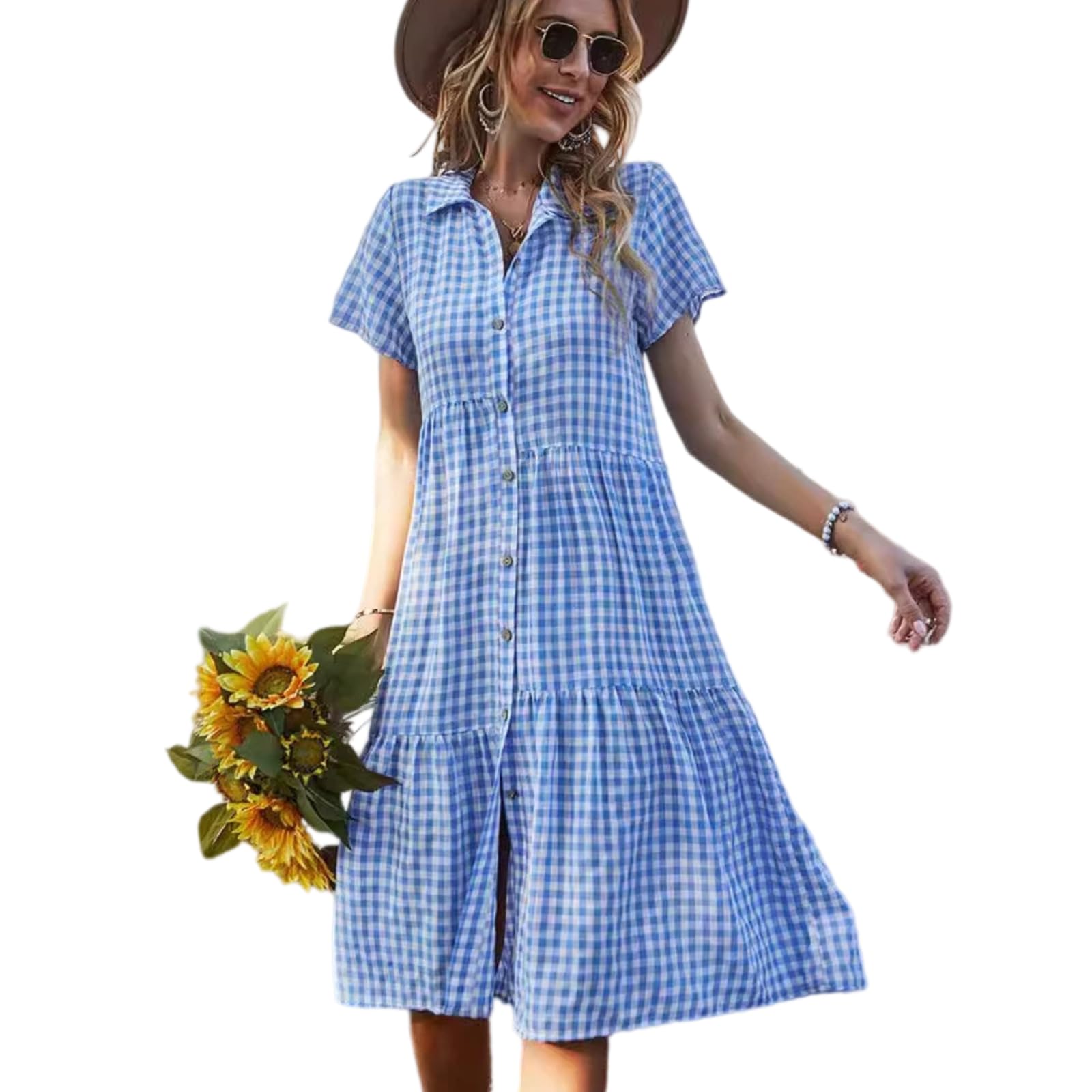 Vestido Camisero Midi A-Line Mujer Manga Corta Estampado Vichy