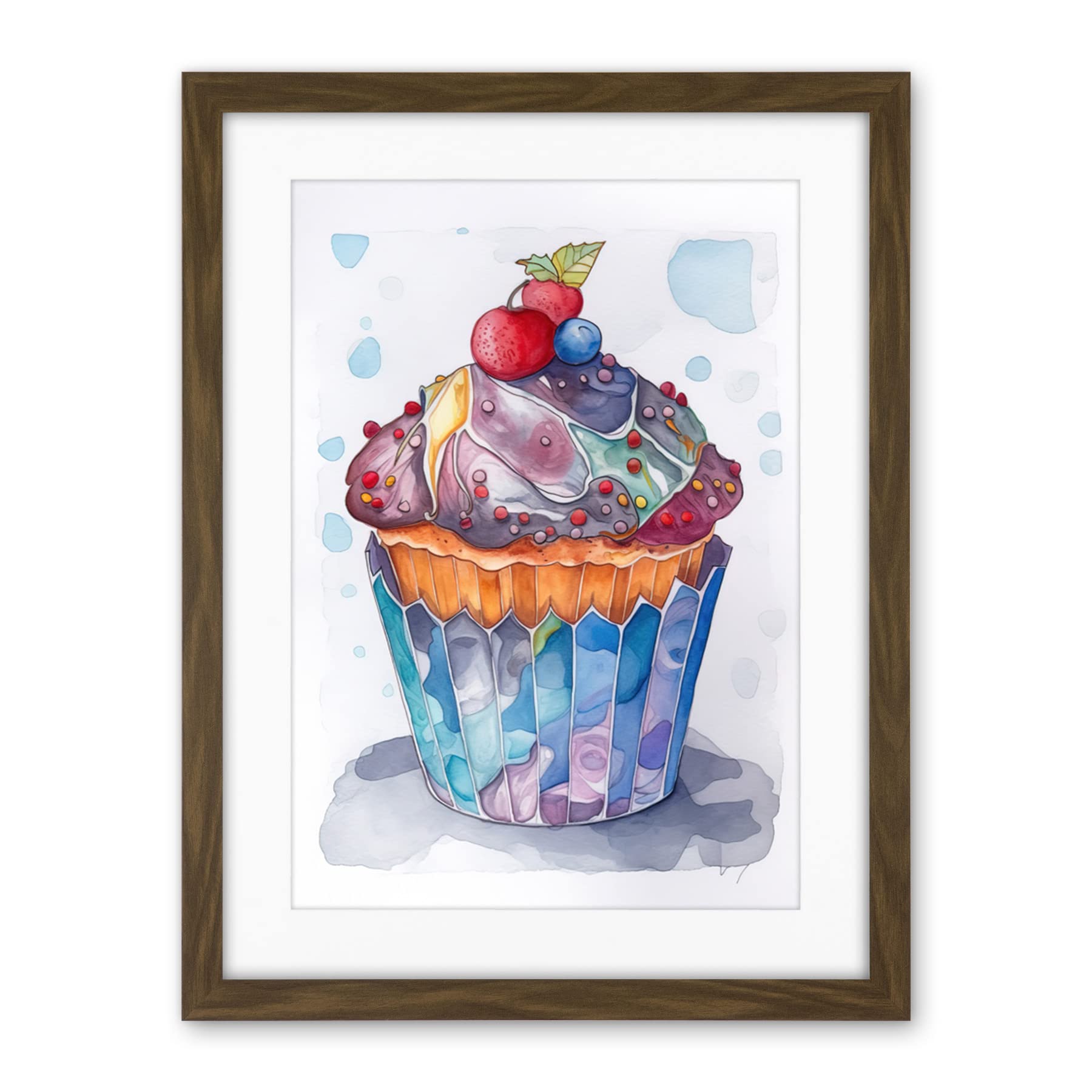 Artery8 Cupcake Icing With Fruit Folk Art Watercolour Painting Artwork Framed Wall Art Print 18X24 Inch