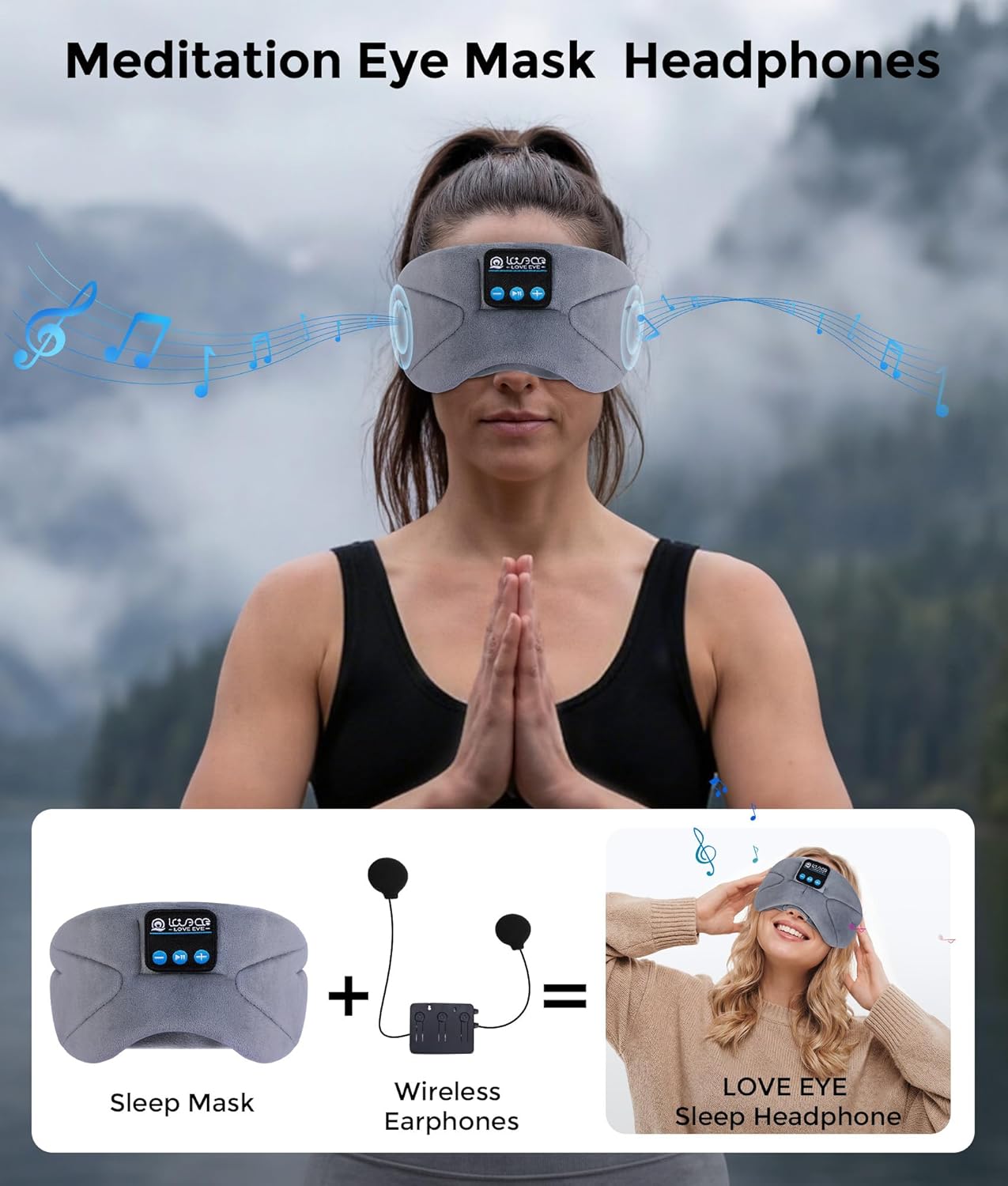 LOVE EYE Sleep Headphones Bluetooth 5.4 Sleeping Eye Mask Wireless Music Earphones with HD Speakers for Side Sleepers Total Blackout Cotton Mask for Travel, Home, Office, Unique Gifts