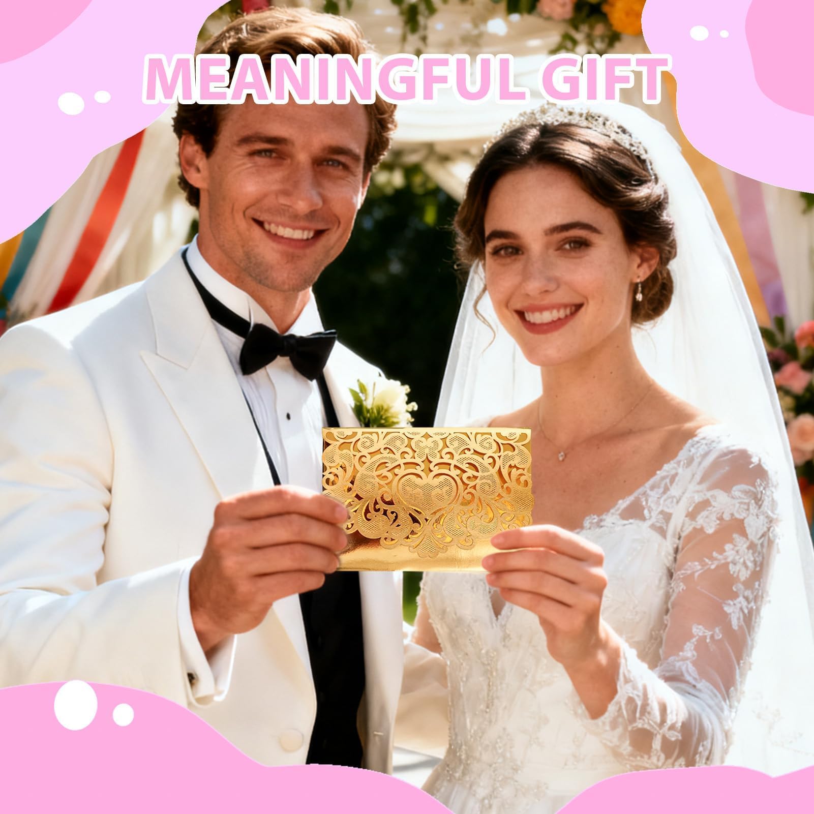 Elegante biglietto di nozze pop-up 3D dorato con busta, invito romantico per coppia di sposi