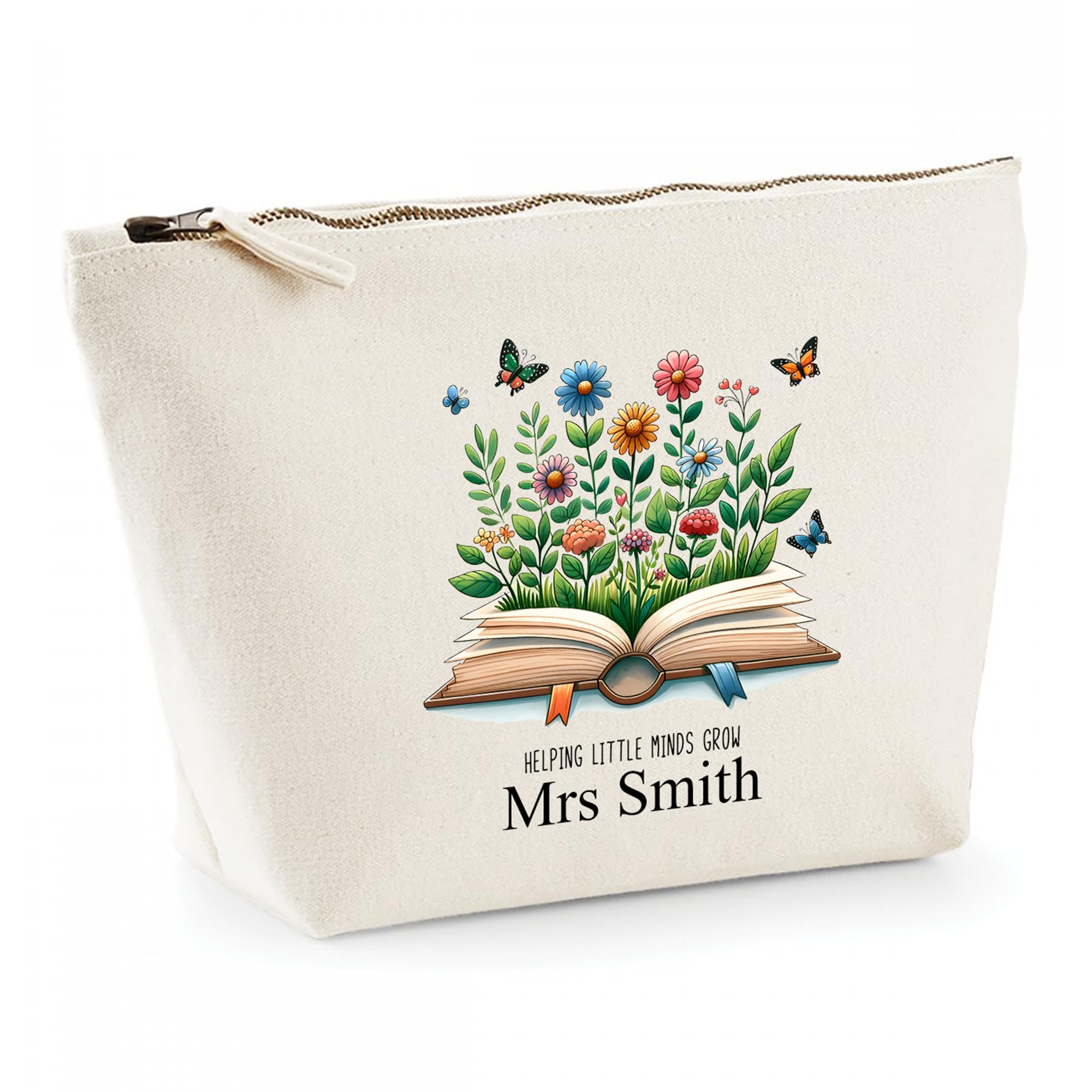 Personalised Teacher Gift - 'Helping Little Minds Grow' Custom Name Pencil Case - Floral Book Design Canvas Zip Bag - End of Term Thank You Present for Nursery or School Staff