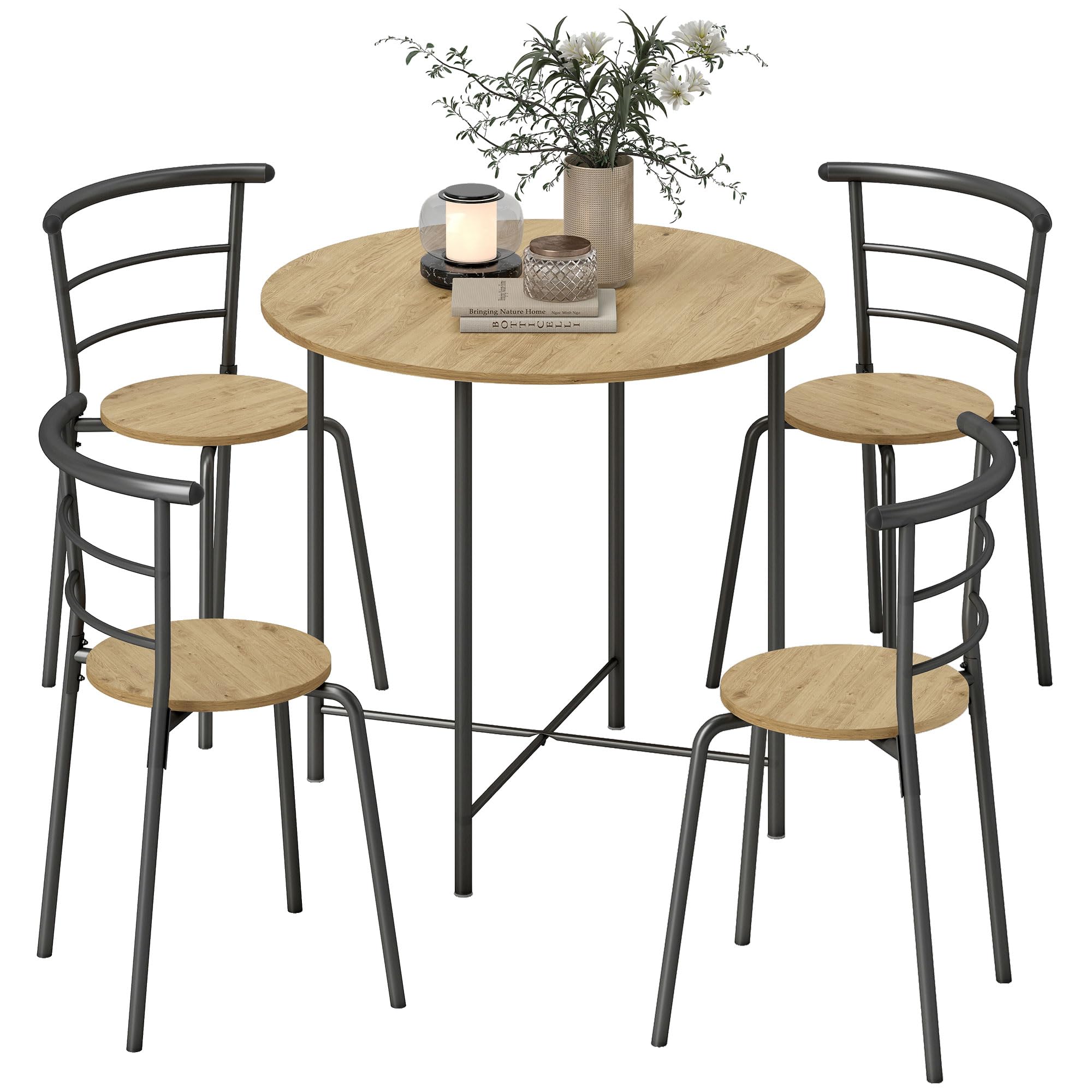 HOMCOM Dining Table and Chairs Set, Round Kitchen Table with 4 Chairs, Industrial Style, Metal Frame, for Small Spaces, Living Room, Natural