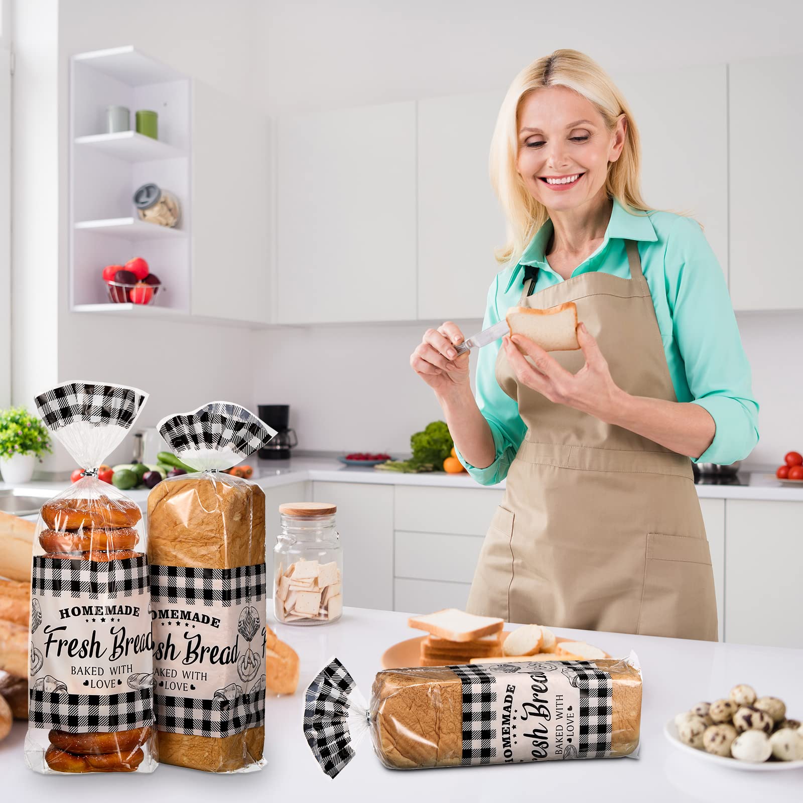 100 bolsas de pan caseras con lazos, bolsas de pan a cuadros negros de búfalo negro, almacenamiento de regalo transparente para el hogar, panadería, panadería, Navidad, 10 x 20 pulgadas 6
