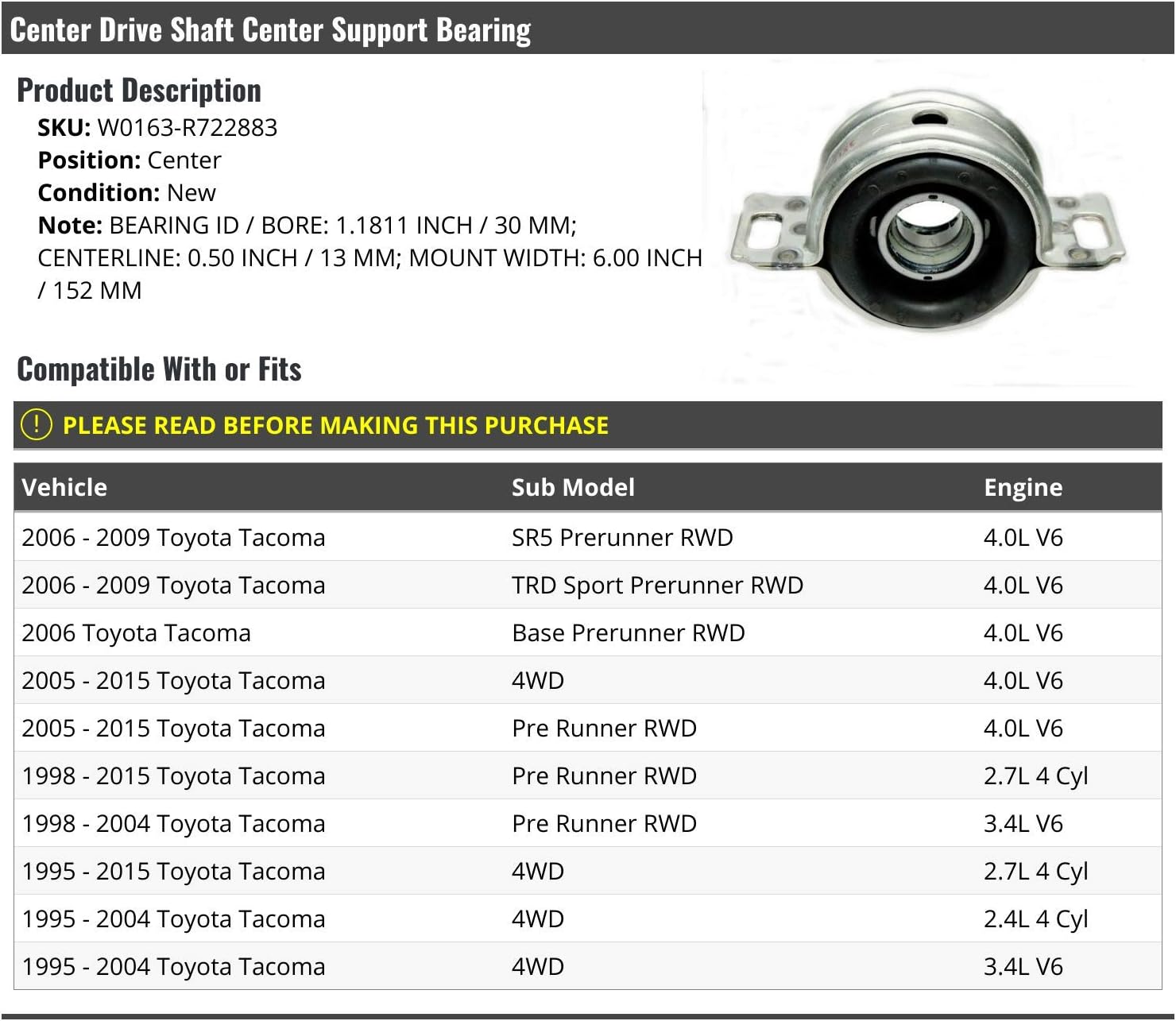 Center Drive Shaft Center Support Bearing - Compatible with 1995-2015 Toyota Tacoma