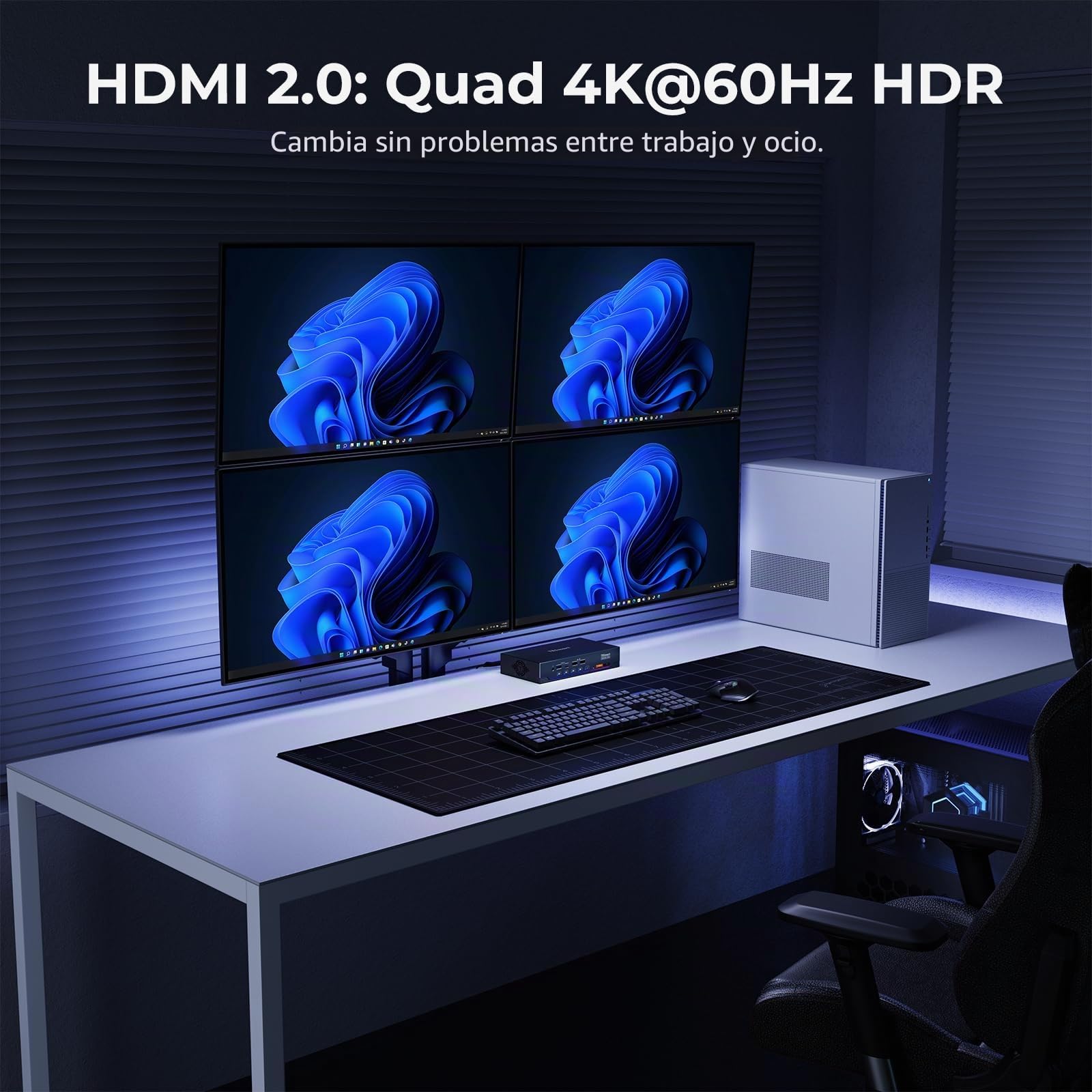 TESmart 4K@60Hz KVM Switch 2 PC 4 monitores,DP+HDMI KVM Switch con USB 3.0, HDMI 2.0, puerto DP 1.2, emulador EDID, conmutación de teclas de acceso rápido personalizadas, Ethernet de 1 Gbps, control