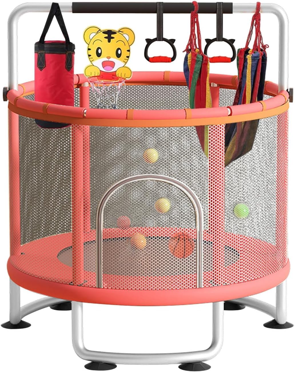 Trampoline for Kids, Adjustable Baby Toddler Trampoline with Basketball Hoop, 200Kg Indoor Outdoor Toddler Trampolines with Enclosure,Red