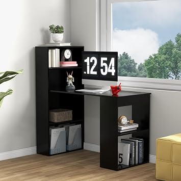 GRAFFY Computer Desk with 6 Storage Shelves - 48" Reversible Writing Desk Workstation with Bookshelf and CPU Stand, Modern Compact Office Desk for Bedroom, Study, Home, Office Black