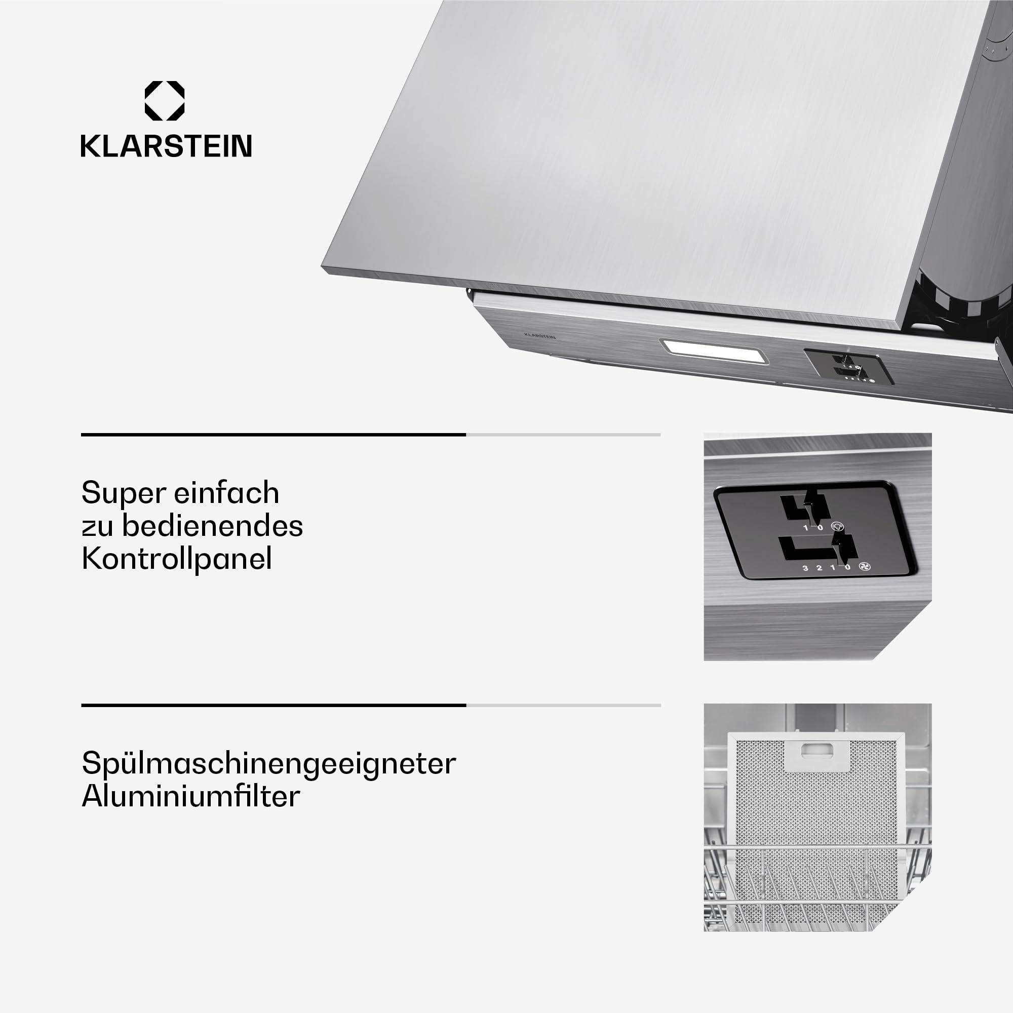 Klarstein Swift Square Unterbaudunstabzugshaube, 60 cm Dunstabzugshaube Unterbau, 380 m³/h Luftstrom, Energieeffizienz C, Doppelmotor, LED-Beleuchtung, Touch-Steuerung, Aktivkohlefilter