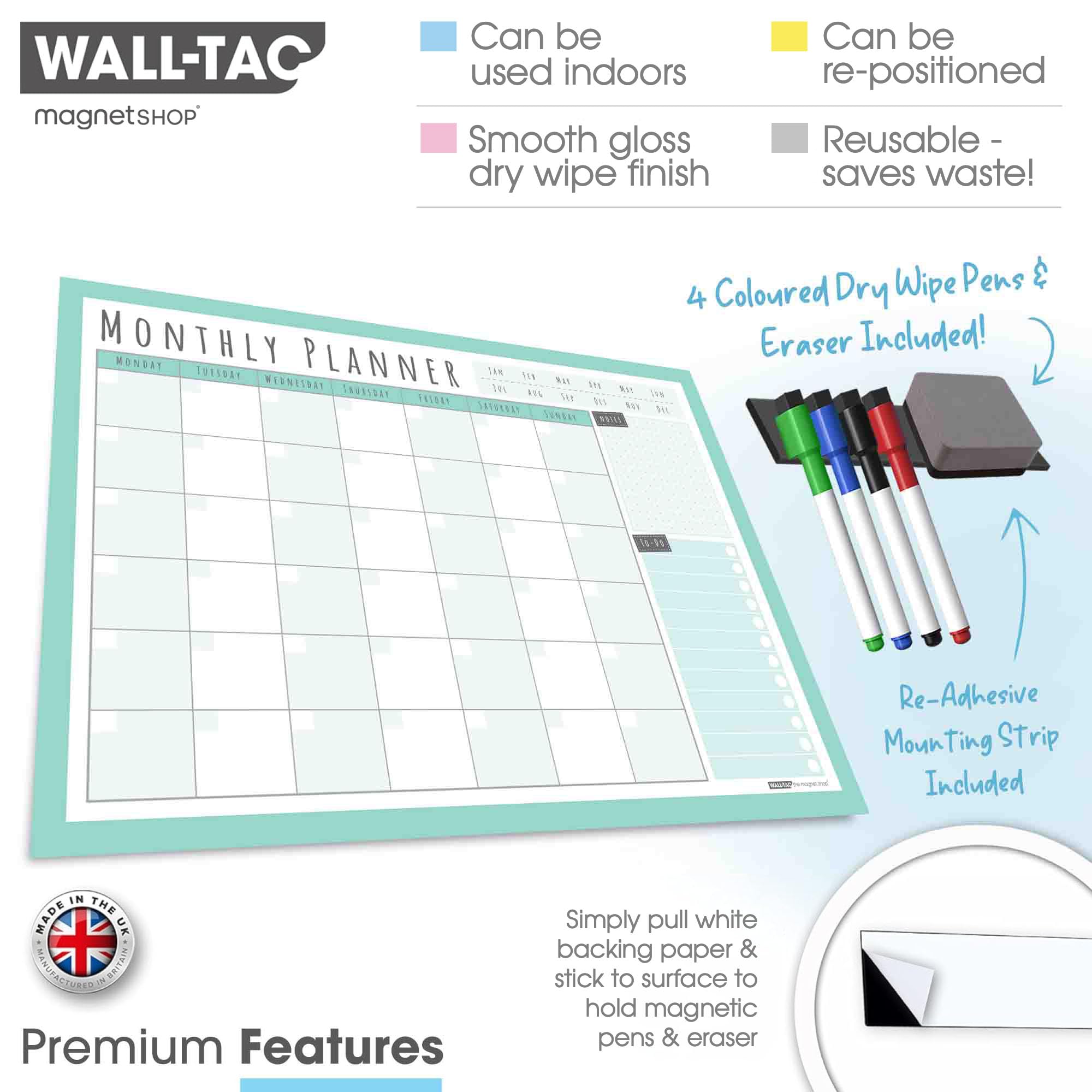 WallTAC Planificador mensual de pared (594 x 420 mm) | Pizarra blanca/Calendario adhesiva y reutilizable | 4 rotuladores pizarra blanca y borrador incluidos
