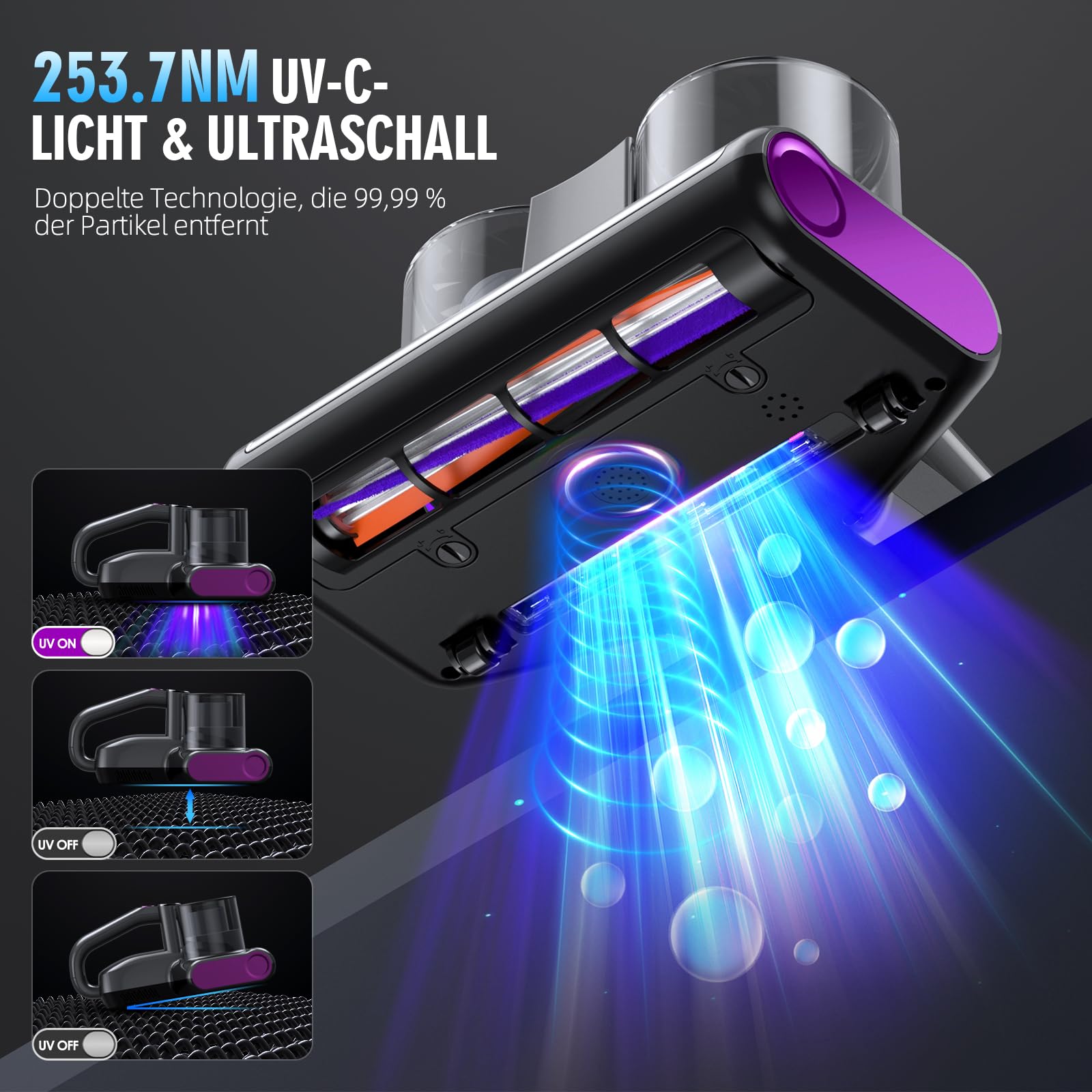 Milbensauger für Matratzen Milbenstaubsauger mit 253,7nm UV-Licht 16Kpa Bett-Staubsauger Bürstenwalzenklopfen HEPA Filter Ultraschall Heißer Wind Funktion Verbreiterte Saugöffnung
