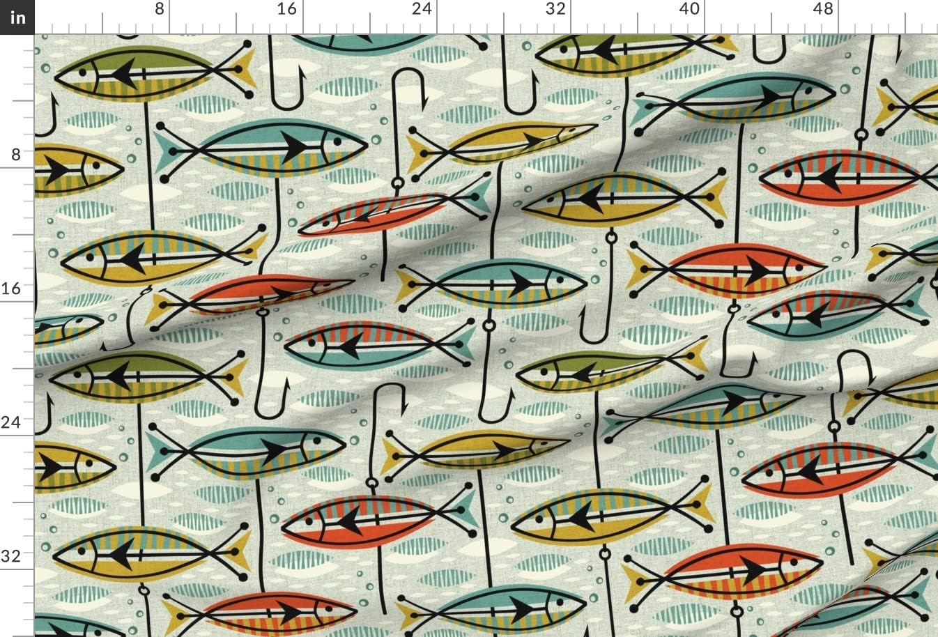 Spoonflower Fabric - Retro Nautical Fish Mod Hooks Fishing Lures Mid Century Modern Atomic Printed on Upholstery Velvet Fabric Fat Quarter - Upholstery Home Decor Bottomweight Apparel