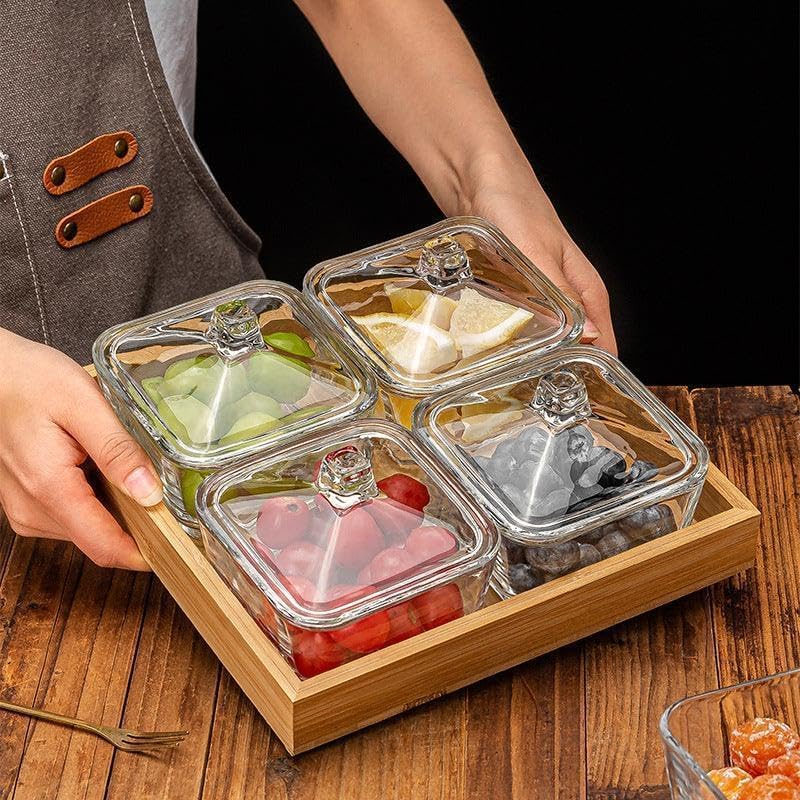 Image of 275ml Glass Serving Bowl Set of 4 with Glass Lids & Bamboo Tray | Snack Serving Bowls for Dry Fruits, Namkeen, Masala, Mukhwas | Transparent Kitchen Storage Containers