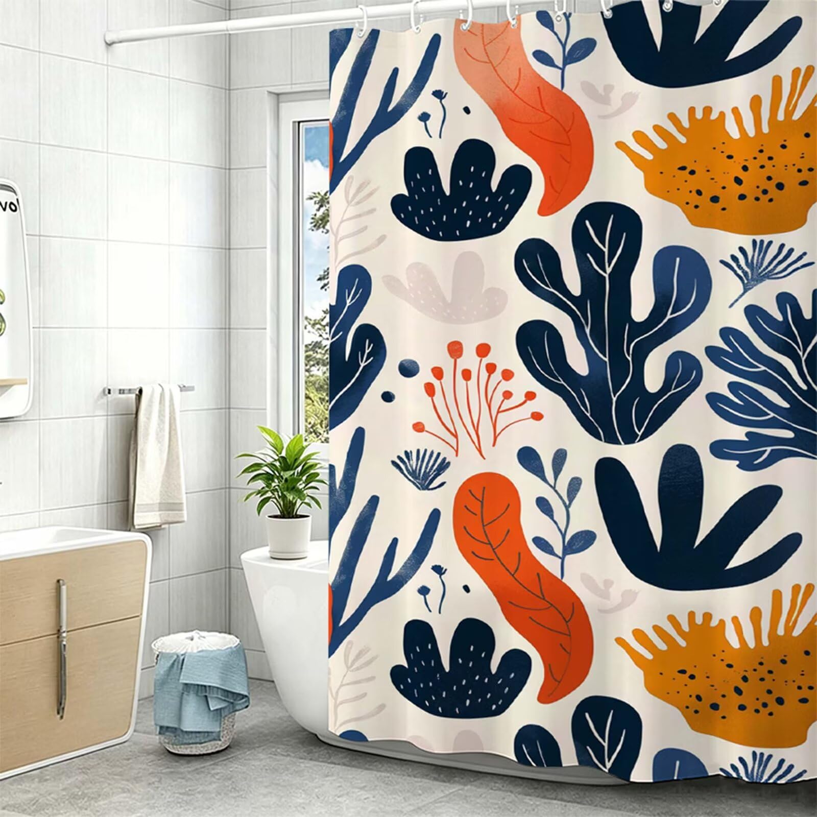 Tenda Doccia in Poliestere arancia,Tende per Doccia Extra Lunga 230x180cm,pianta Tenda Vasca da Bagno Tessuto Lavabile,Impermeabile e Facile da Pulire,con 12 Ganci,Decorazione per Bagno,Hotel Z-558