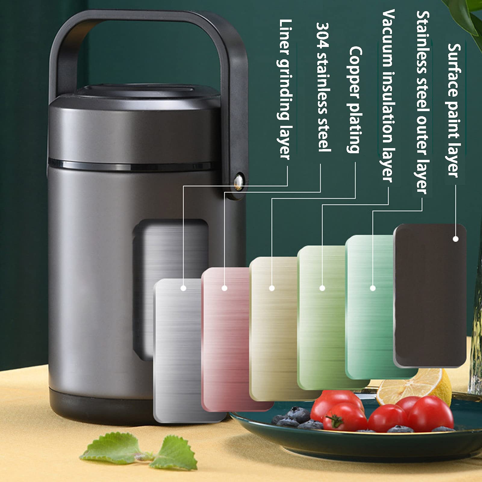 Térmicas Cajas bento,Fiambrera térmica de Acero Inoxidable de 3 Capas,Recipiente de Comida térmico a Prueba de Fugas, Lonchera con Aislamiento,para Escuela Oficina Picnic,Plata,1.6L