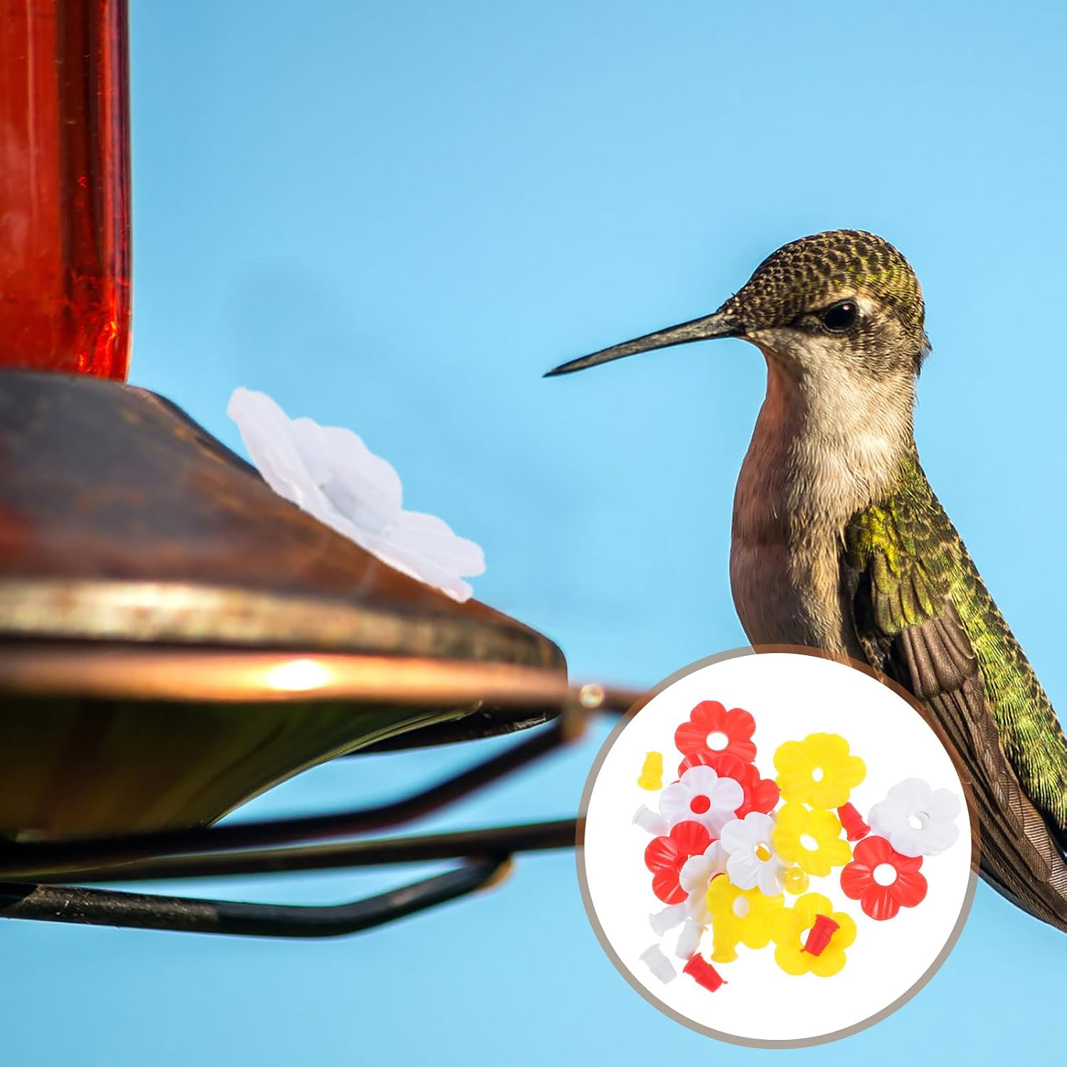 Sosoport 15 Pieces Hummingbird Feeders Replacement Flowers Pet Replacement Bird Feeder Replacement Parts Feeding Ports Bee Guards for Hummingbird Feeders for Outdoors Hanging Feeder