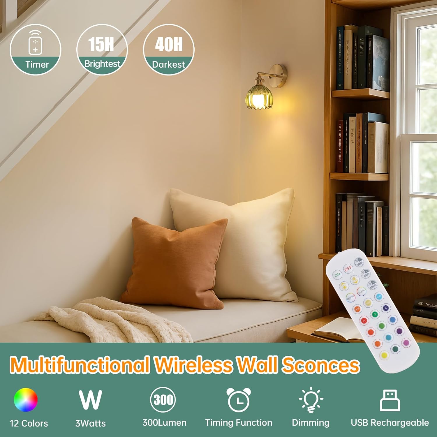 Vintage Battery Operated Wall Sconce with Cute Green Tulip Glass Lampshade Wireless Rechargeable Battery Powered Wall Light with Remote Control for Bedside Bedroom Doorway, Set of 2