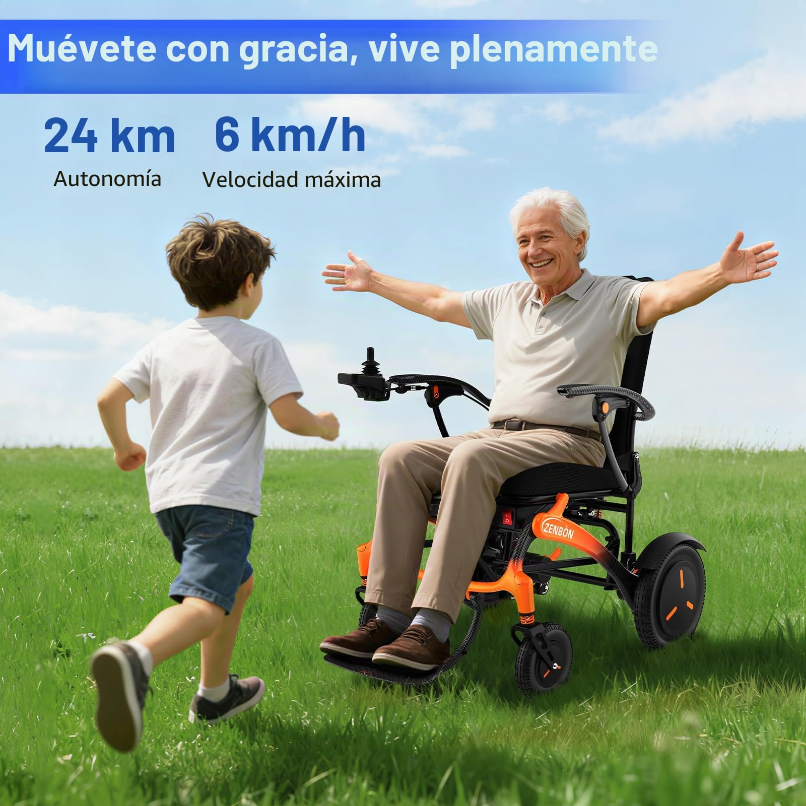 Silla de Ruedas Eléctrica Plegable Ligera de Carbon (Naranja)