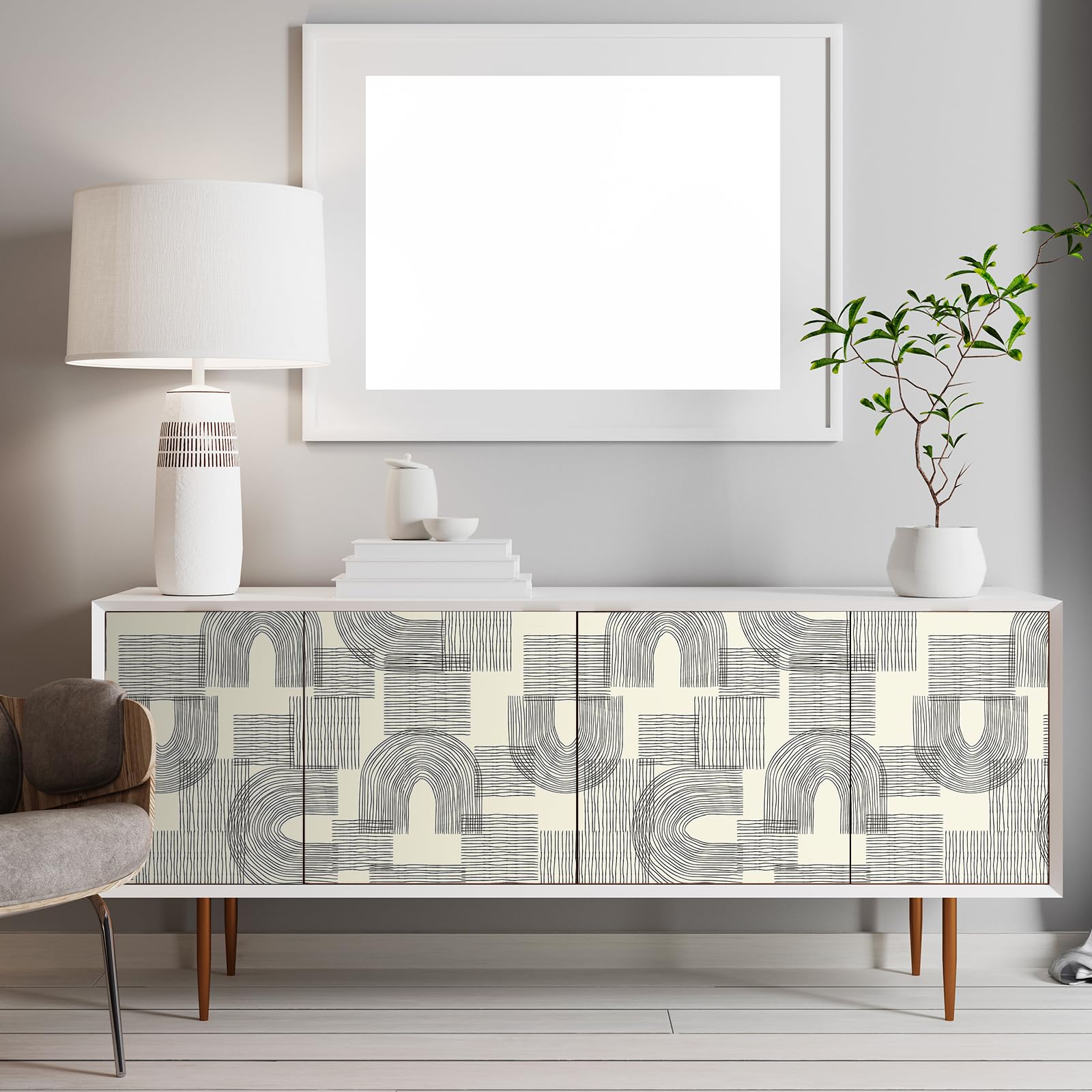 Decotalk Papel Pintado Autoadhesivo Pared Beige Geométrico Moderno Bohemio 44.5X900cm Papel Pintado Geométrico Beige Patrón de Arco Abstracto Fotomurales Decorativos Pared Dormitorio Salón Baño Ático